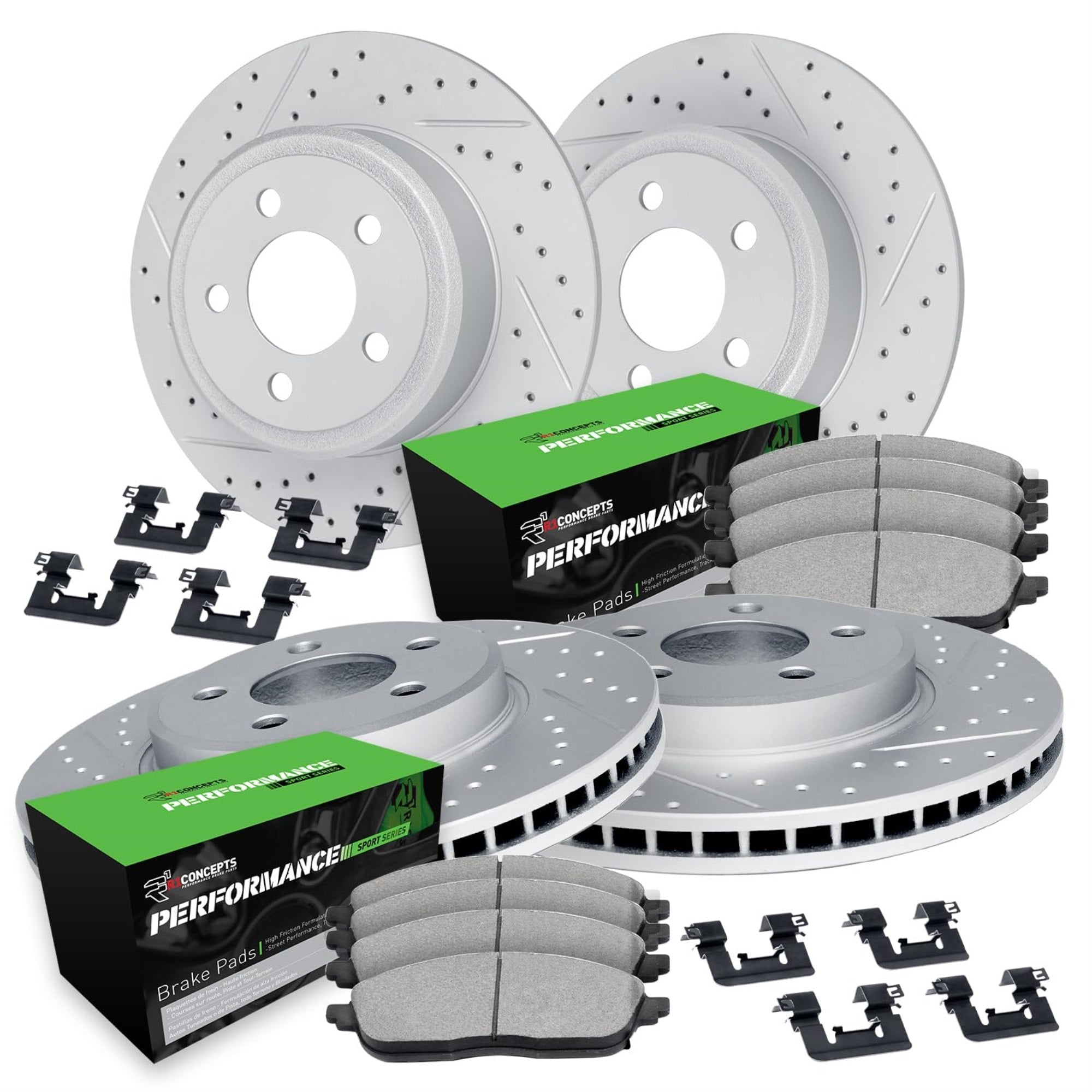 R1 Concepts Drilled And Slotted Carbon Coated Disc Brake Rotor Set With Performance Sport Pads And Hardware Wbsh2-59046