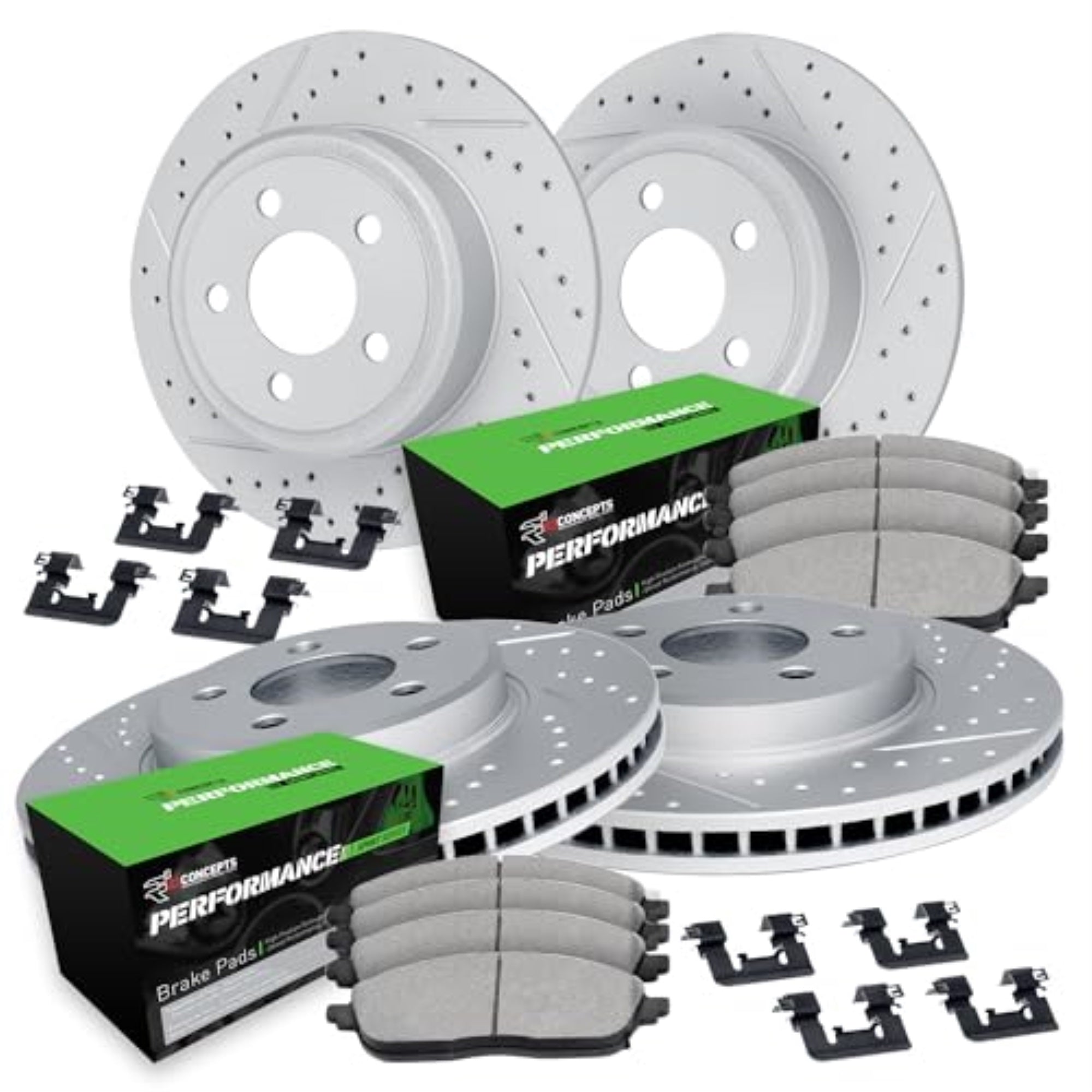 R1 Concepts Drilled And Slotted Carbon Coated Disc Brake Rotor Set With Performance Sport Pads And Hardware Wbsh2-80011