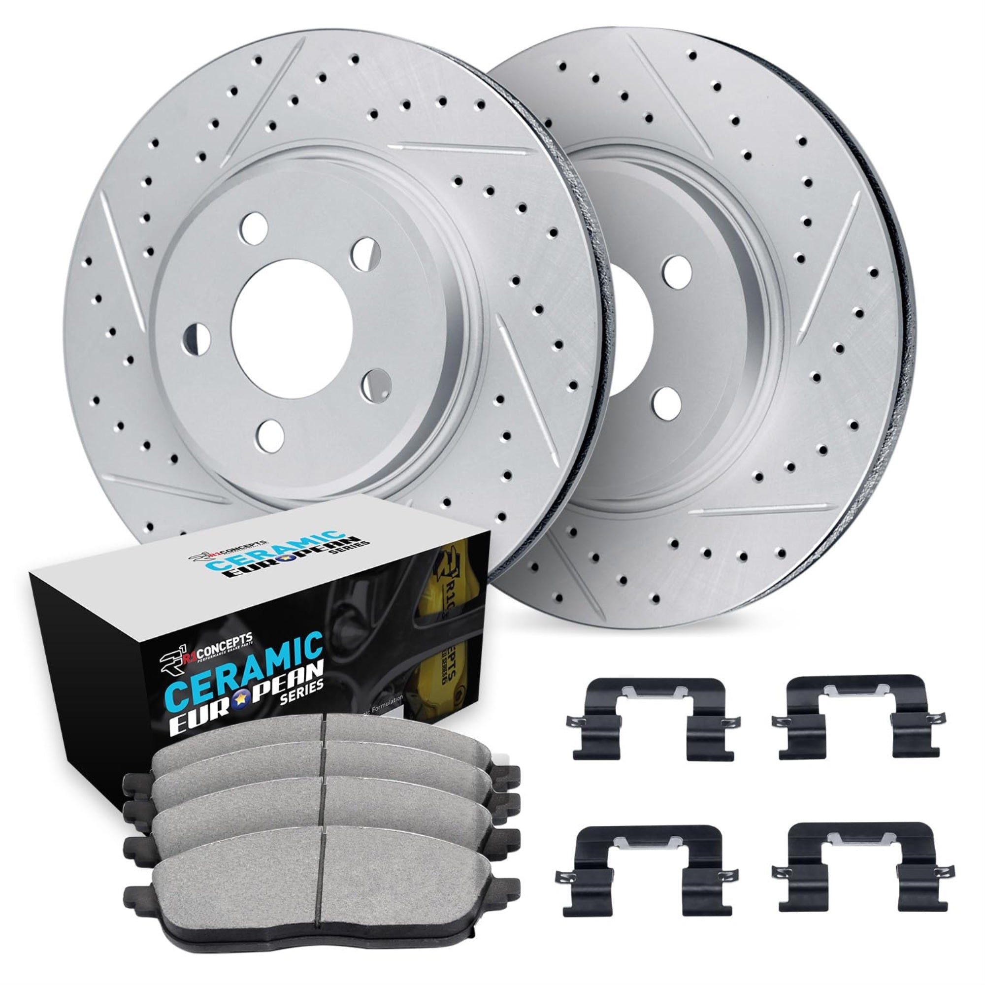 R1 Concepts Drilled And Slotted Carbon Coated Disc Brake Rotor Set With Euro Ceramic Pads And Hardware Wbth1-31294