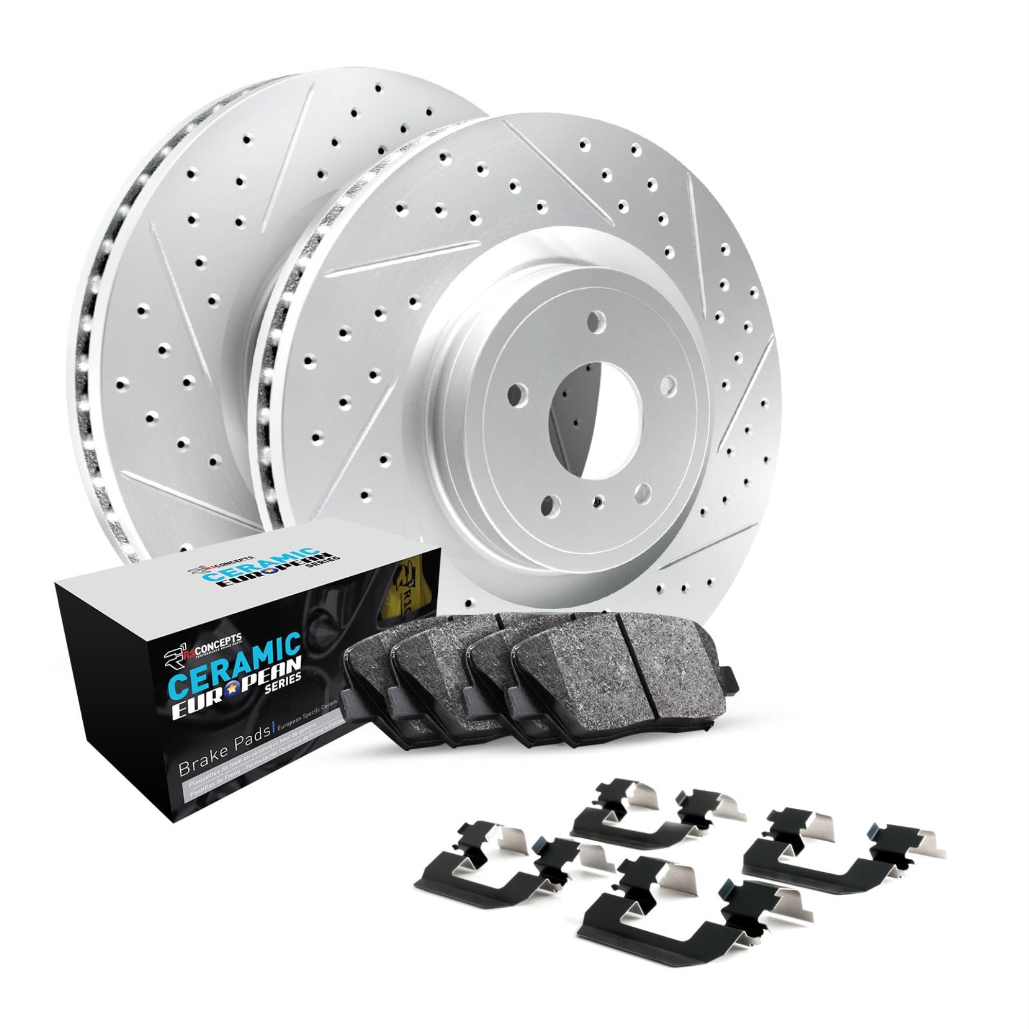 R1 Concepts Drilled And Slotted Carbon Coated Disc Brake Rotor Set With Euro Ceramic Pads And Hardware Wbth1-74081