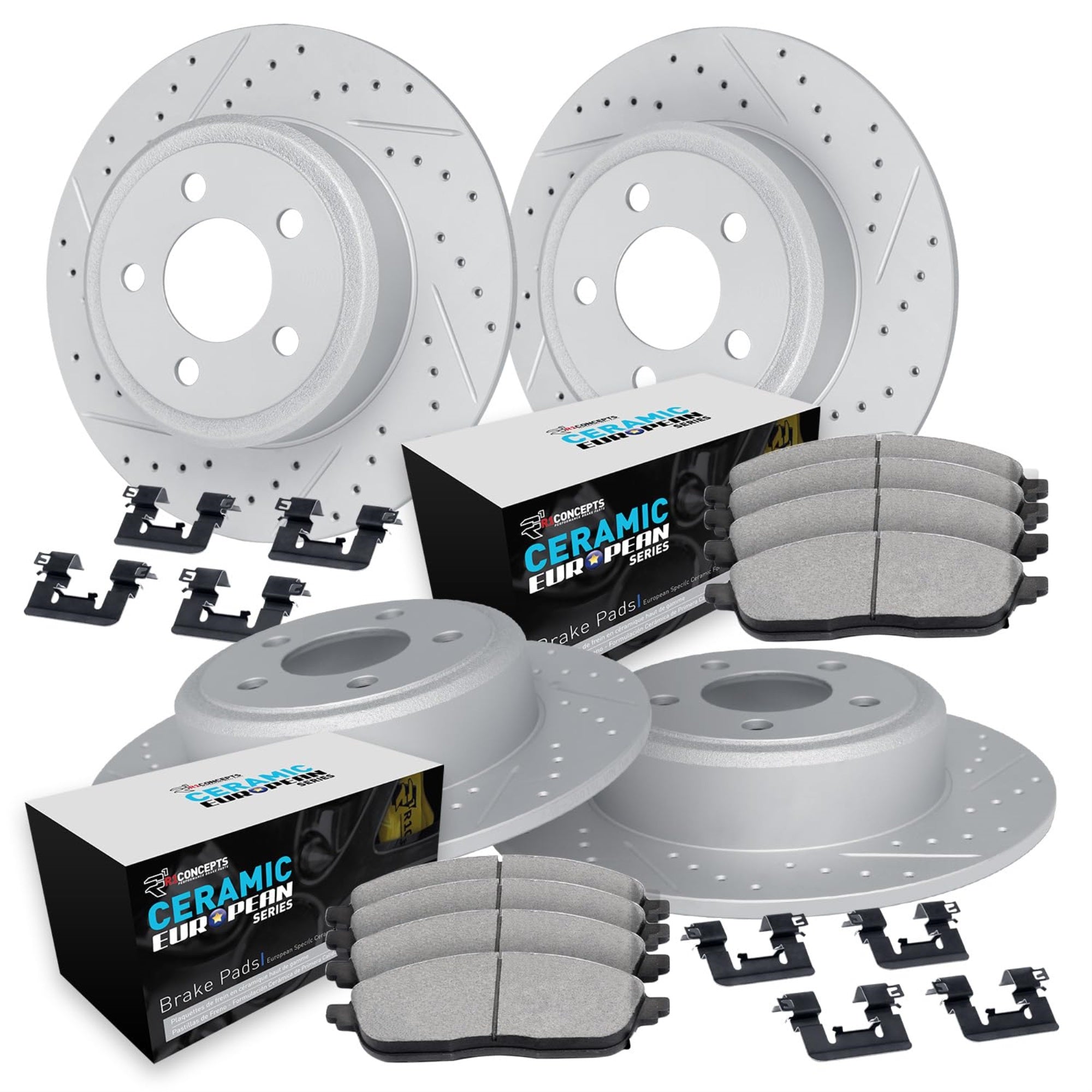 R1 Concepts Drilled and Slotted Carbon Coated Disc Brake Rotor Set with Euro Ceramic Pads and Hardware WBTH2-31021