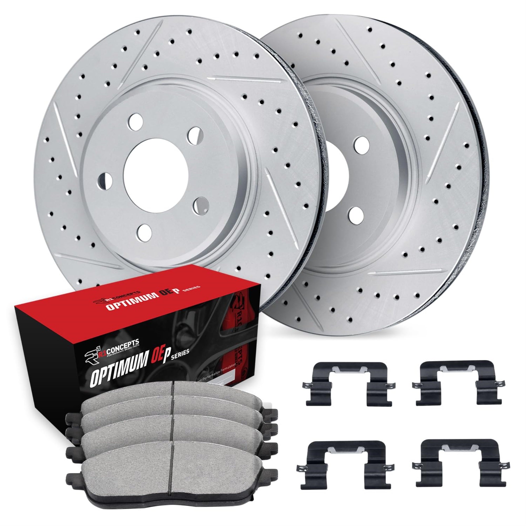 R1 Concepts Drilled And Slotted Carbon Coated Disc Brake Rotor Set With Optimum Oe Pads And Hardware Wbuh1-13030