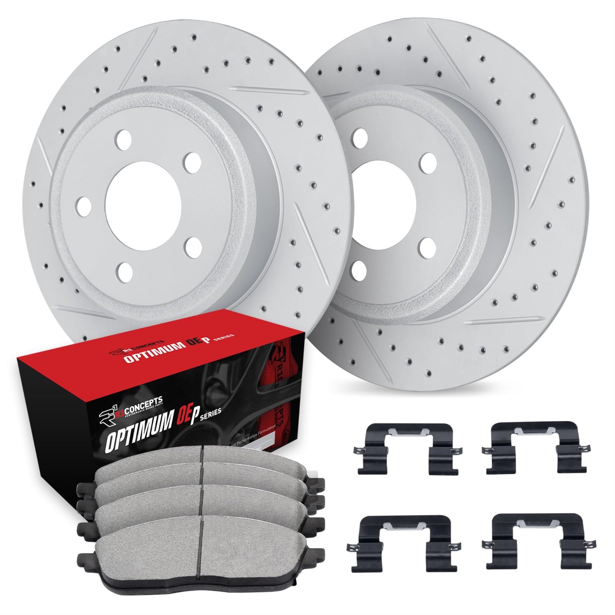 R1 Concepts Drilled And Slotted Carbon Coated Disc Brake Rotor Set With Optimum Oe Pads And Hardware Wbuh1-39045