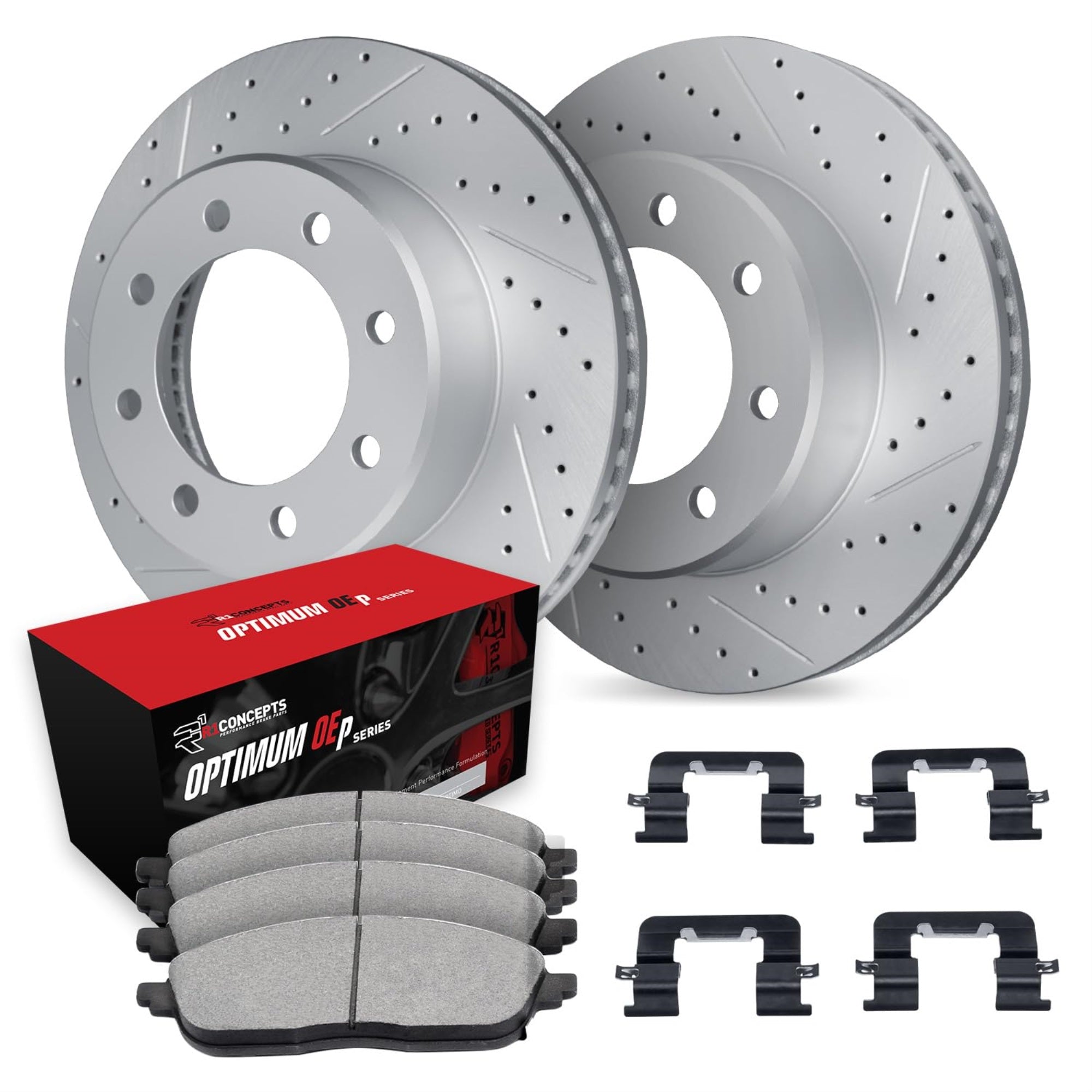 R1 Concepts Drilled And Slotted Carbon Coated Disc Brake Rotor Set With Optimum Oe Pads And Hardware Wbuh1-40199