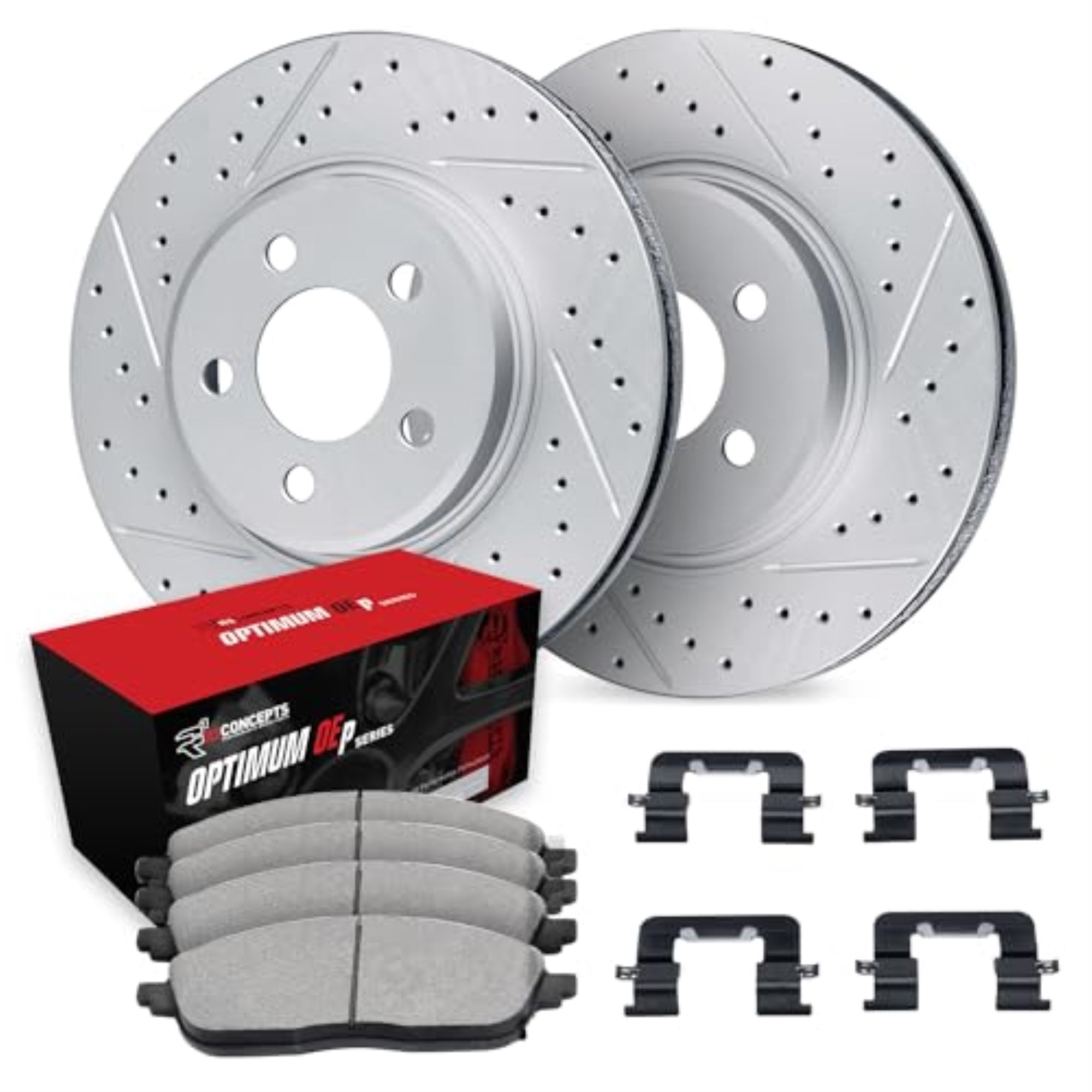 R1 Concepts Drilled And Slotted Carbon Coated Disc Brake Rotor Set With Optimum Oe Pads And Hardware Wbuh1-73127