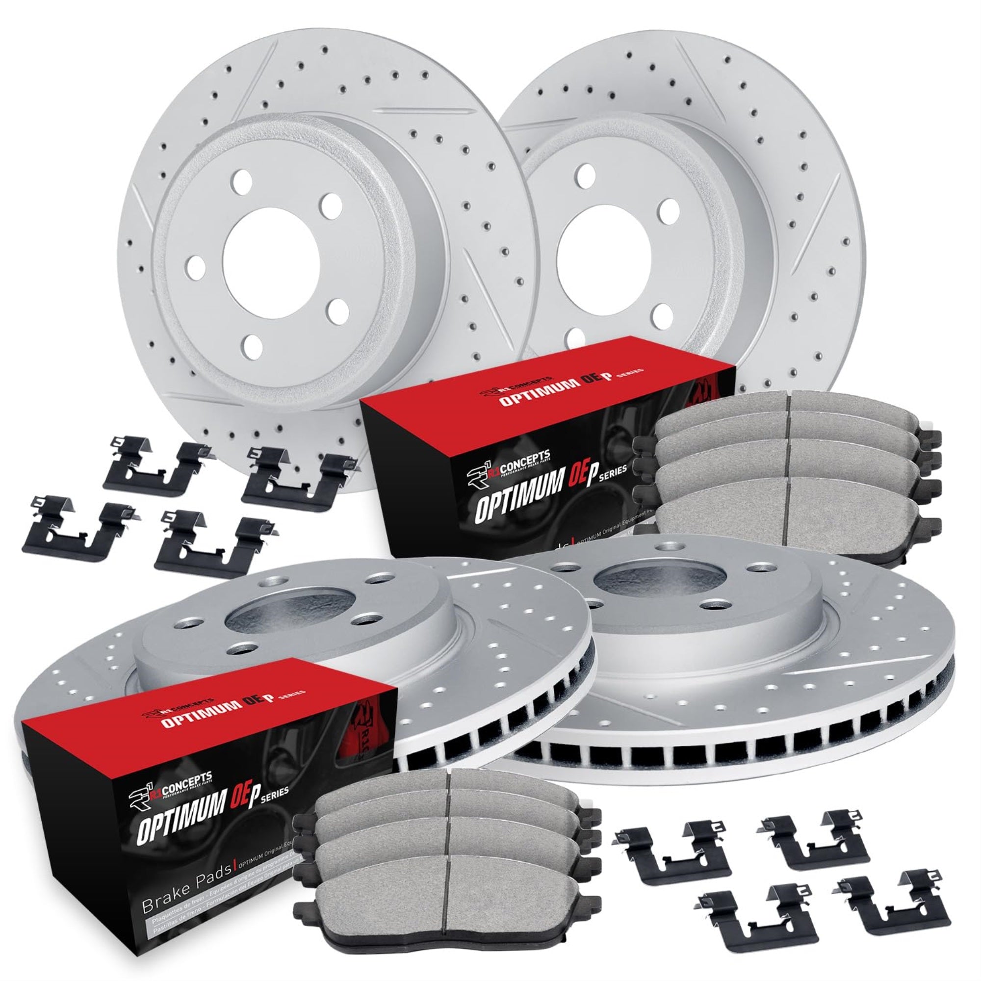 R1 Concepts Drilled And Slotted Carbon Coated Disc Brake Rotor Set With Optimum Oe Pads And Hardware Wbuh2-59082