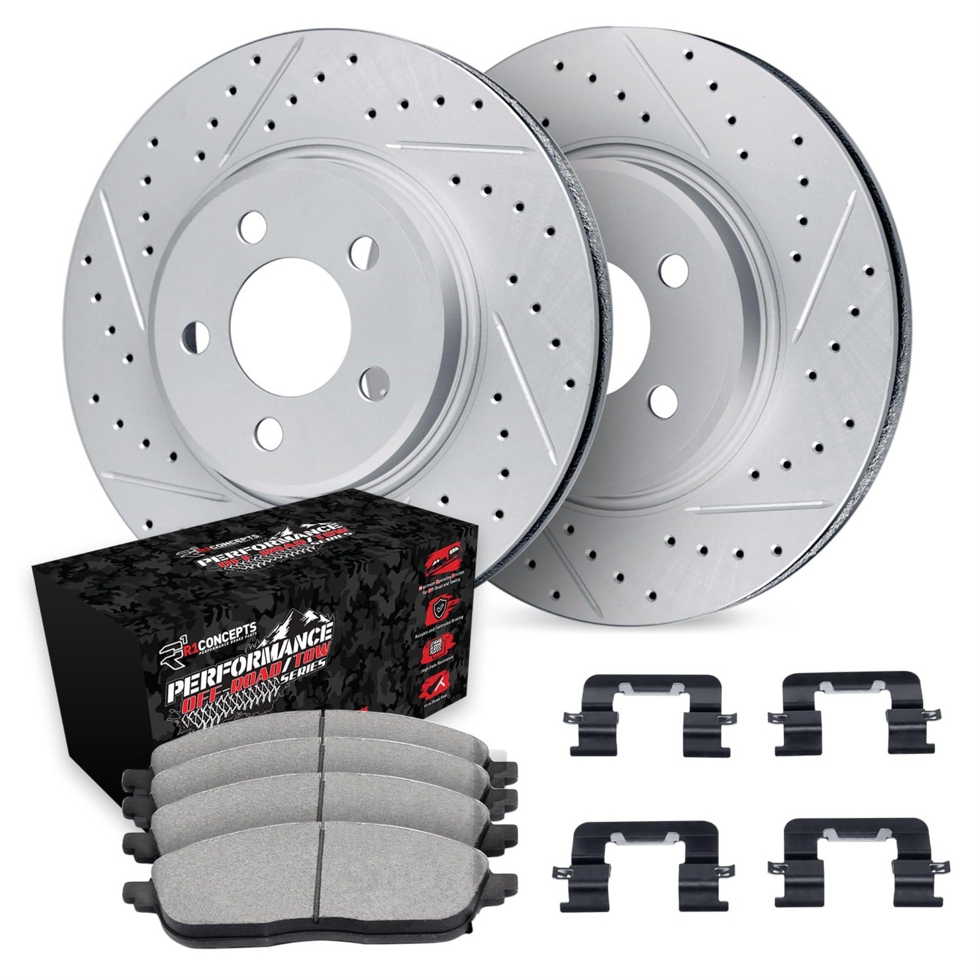 R1 Concepts Drilled And Slotted Carbon Coated Disc Brake Rotor Set With Off-Road/Tow Brake Pads And Hardware Wbvh1-42031