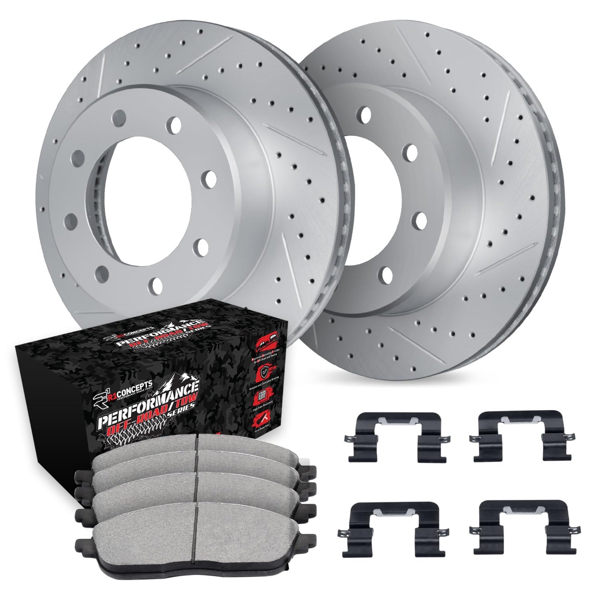 R1 Concepts Drilled And Slotted Carbon Coated Disc Brake Rotor Set With Off-Road/Tow Brake Pads And Hardware Wbvh1-48016