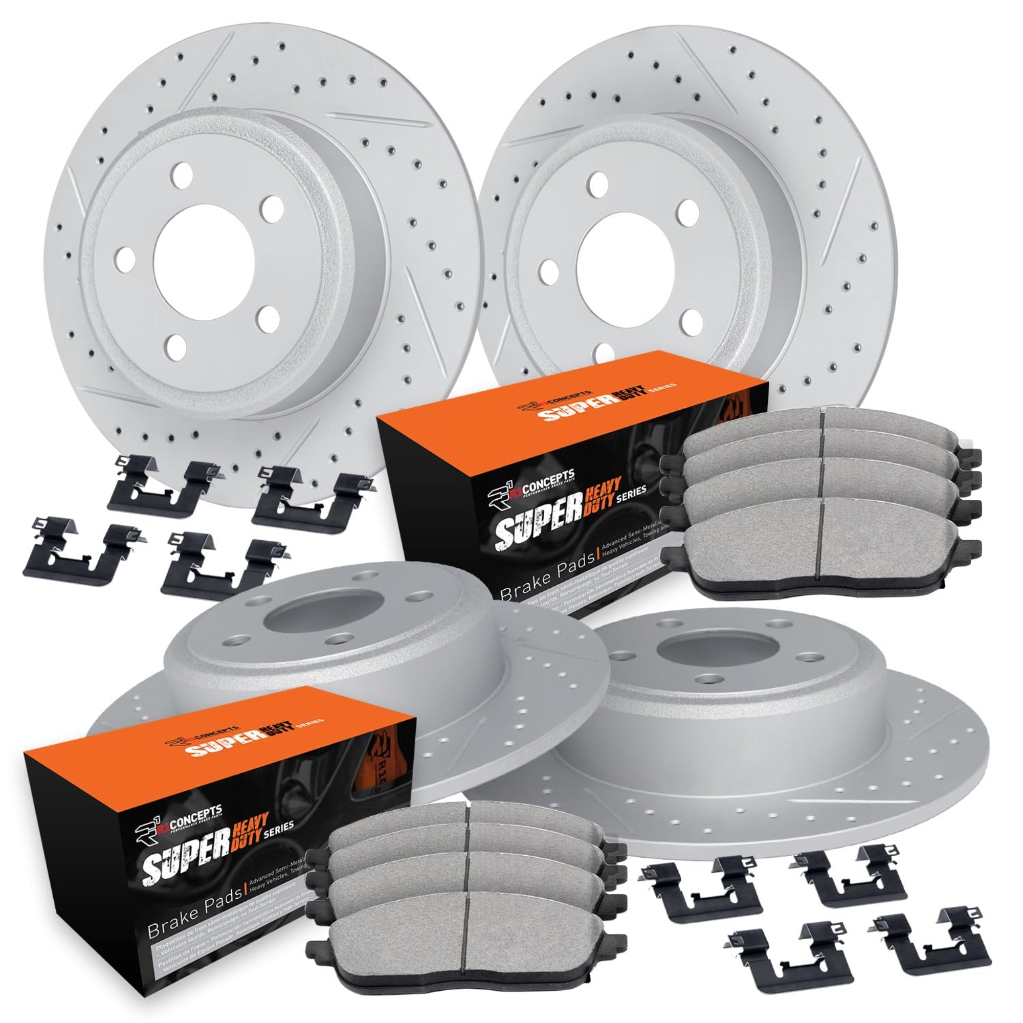 R1 Concepts Drilled And Slotted Carbon Coated Disc Brake Rotor Set With Super Duty Pads And Hardware Wbxh2-39017