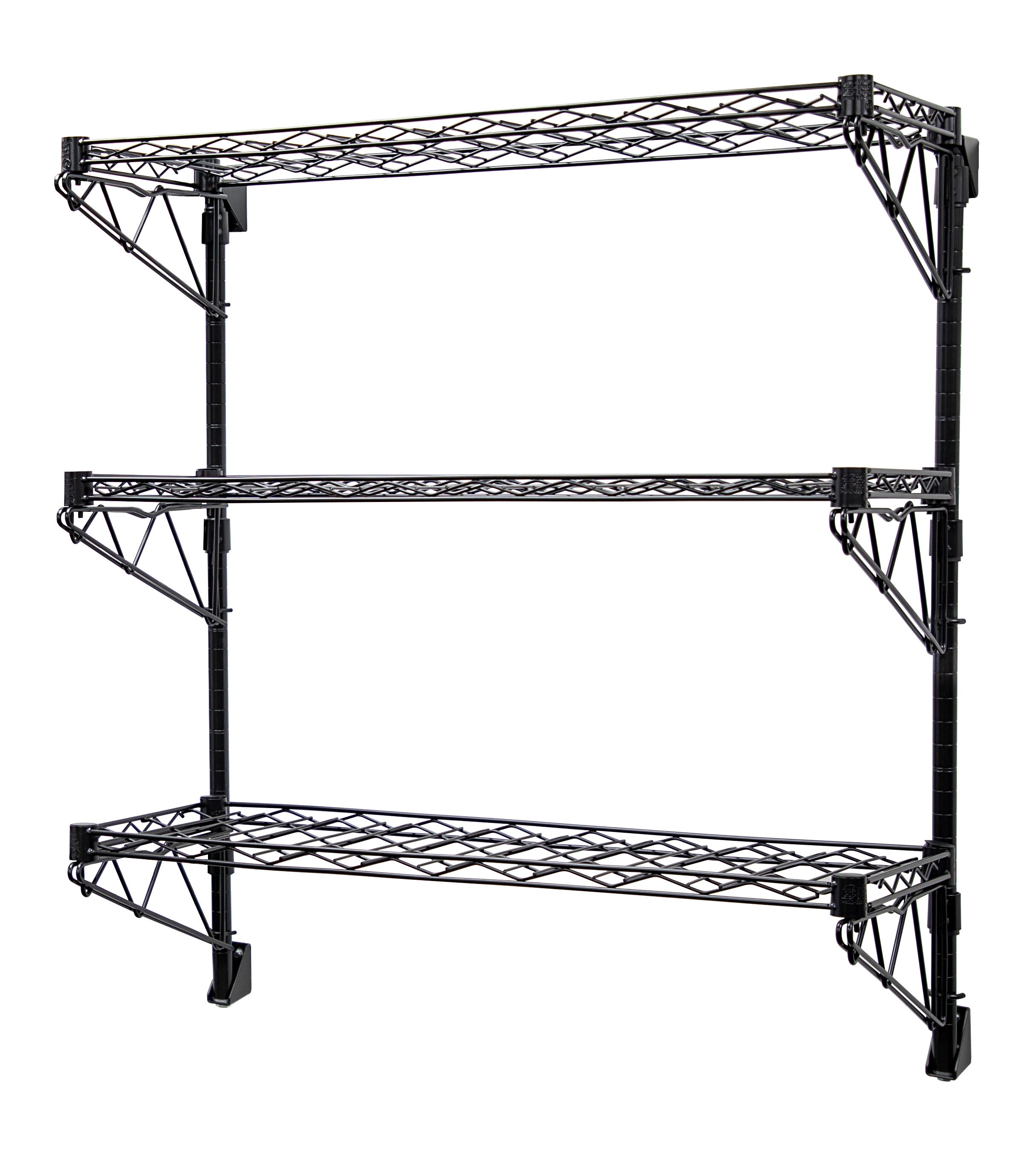 Cantilever Single WIne Shelf Post Wall Mount, (3) 48"W x 14"D wine shelf, (2) 34" posts, (6) 14" single post cantilevers and (6) mounting brackets, black epoxy antimicrobial finish, NSF