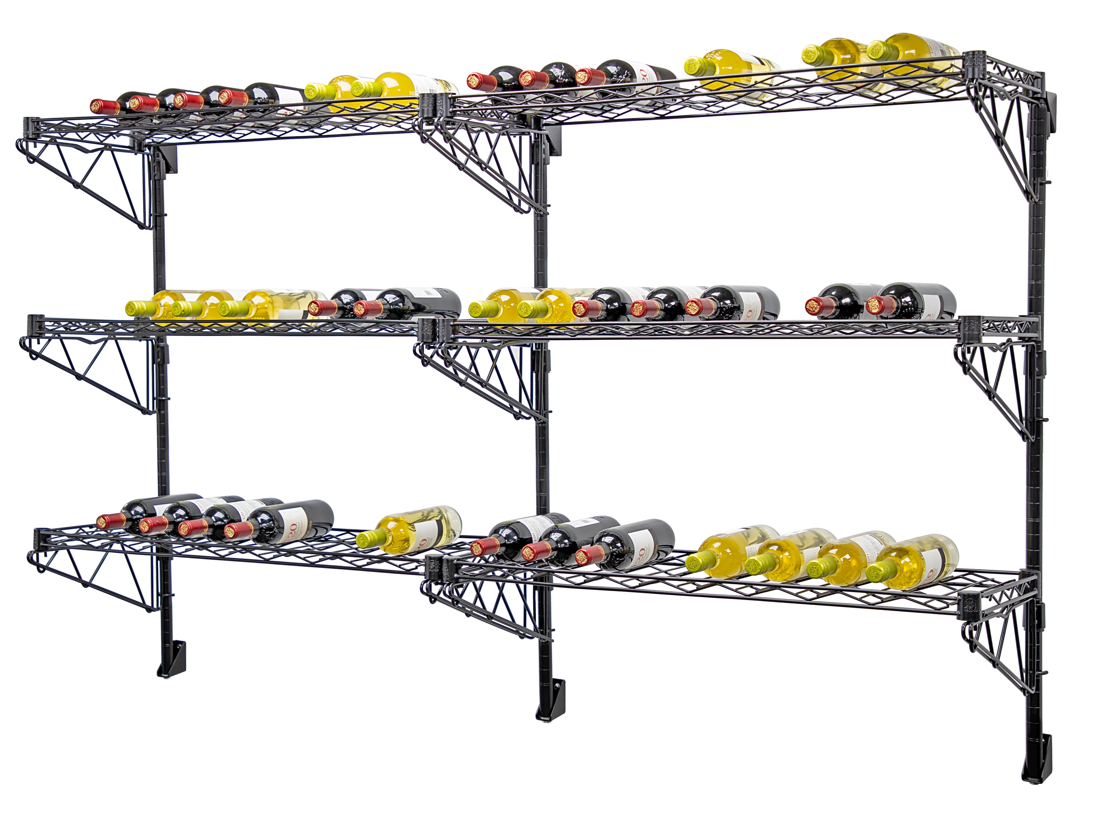 Cantilever Single WIne Shelf Post Wall Mount, (6) 48"W x 14"D wine shelf, (3) 34" posts, (3) 14" single post cantilevers, (3) 14" double post cantilevers and (8) mounting brackets, black epoxy antimicrobial finish, NSF