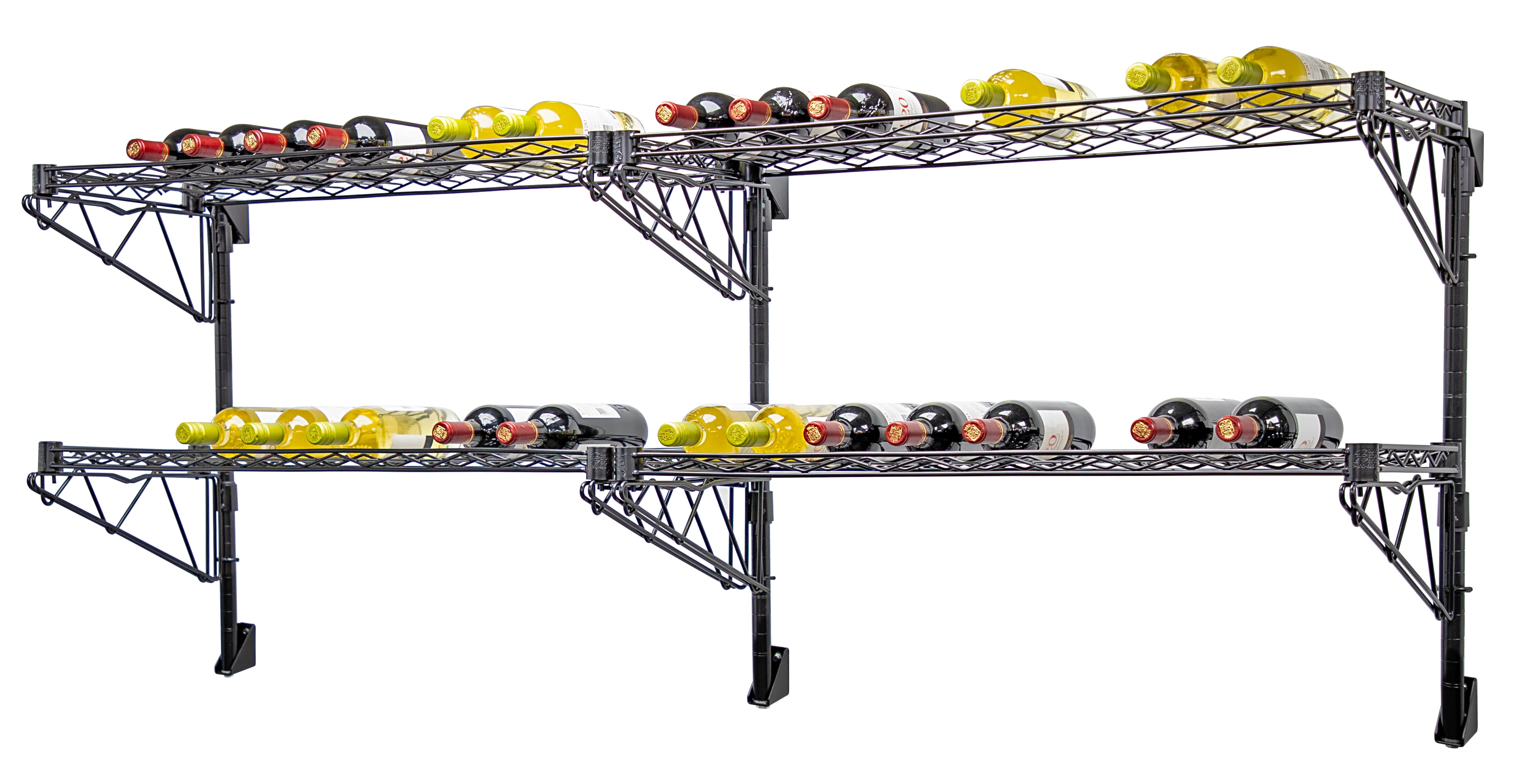 Cantilever Single WIne Shelf Post Wall Mount, (4) 48"W x 14"D wine shelf, (3) 34" posts, (2) 14" single post cantilevers, (2) 14" double post cantilevers and (4) mounting brackets, chrome plated finish, NSF