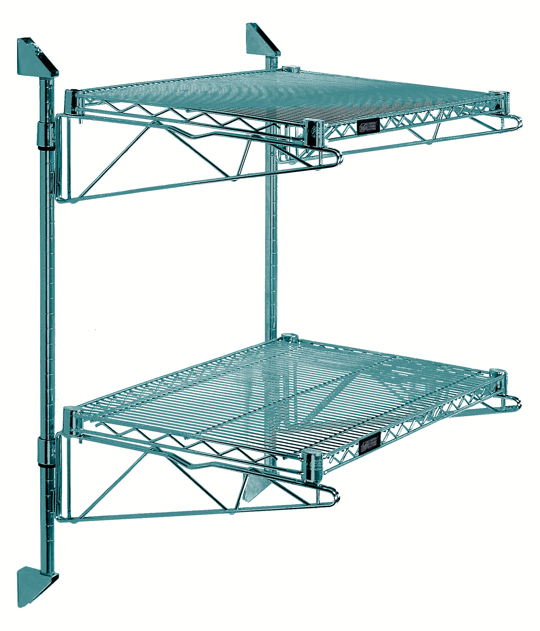 Cantilever Double Shelf Post Wall Mount, (2) 60"W x 18"D shelves, (2) 34" posts, (4) 18" cantilever arms, and (4) mounting brackets, green epoxy antimicrobial finish, NSF