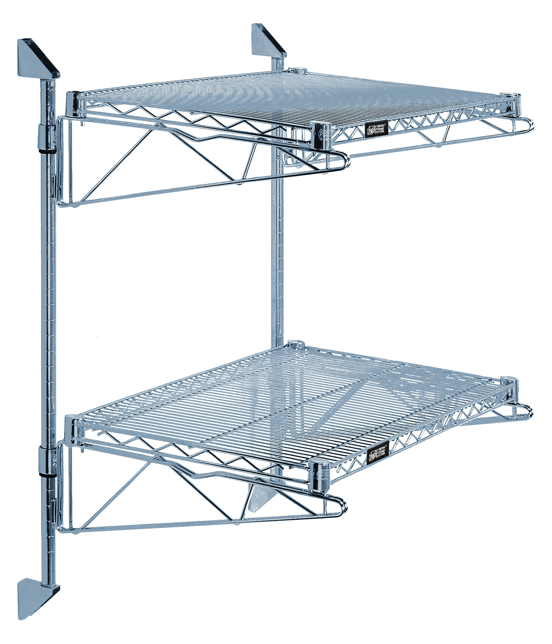 Cantilever Double Shelf Post Wall Mount, (2) 36"W x 21"D shelves, (2) 34" posts, (4) 21" cantilever arms, and (4) mounting brackets, gray epoxy antimicrobial finish, NSF