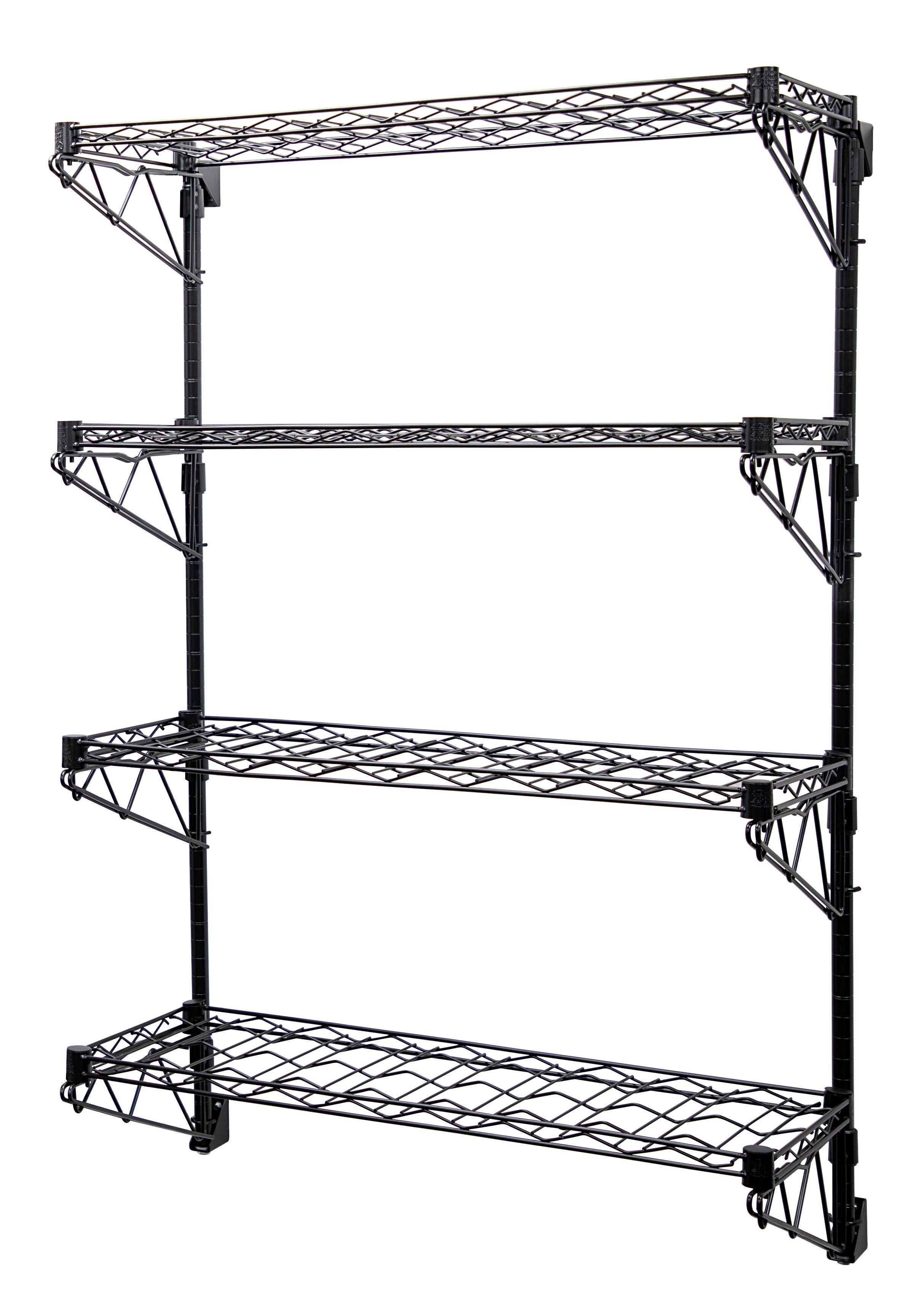 Cantilever Single WIne Shelf Post Wall Mount, (4) 48"W x 14"D wine shelf, (2) 54" posts, (4) 14" single post cantilevers and (8) mounting brackets, black epoxy antimicrobial finish, NSF