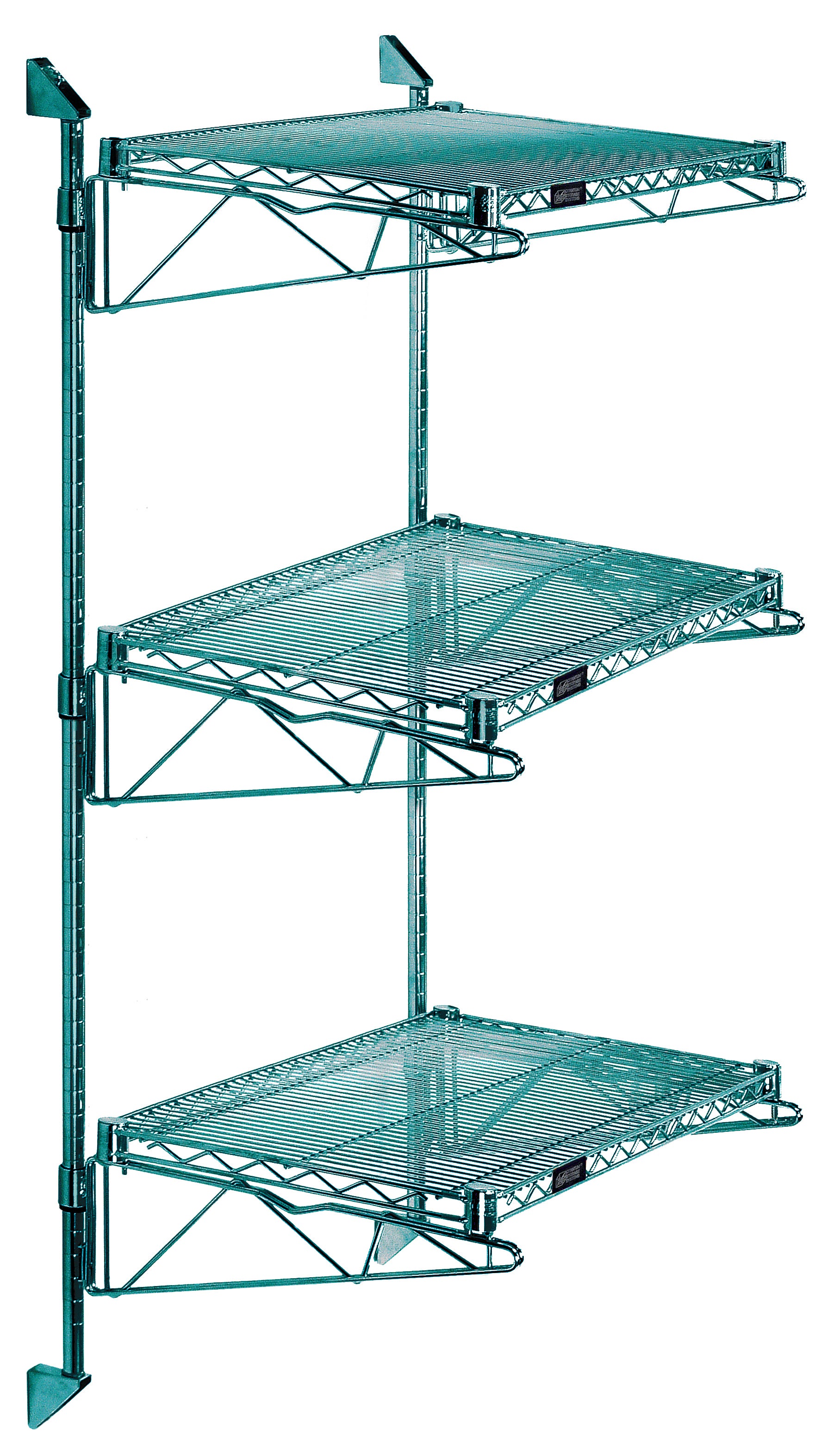 Cantilever Double Shelf Post Wall Mount, (3) 72"W x 18"D shelves, (2) 54" posts, (6) 18" cantilever arms, and (4) mounting brackets, green epoxy antimicrobial finish, NSF