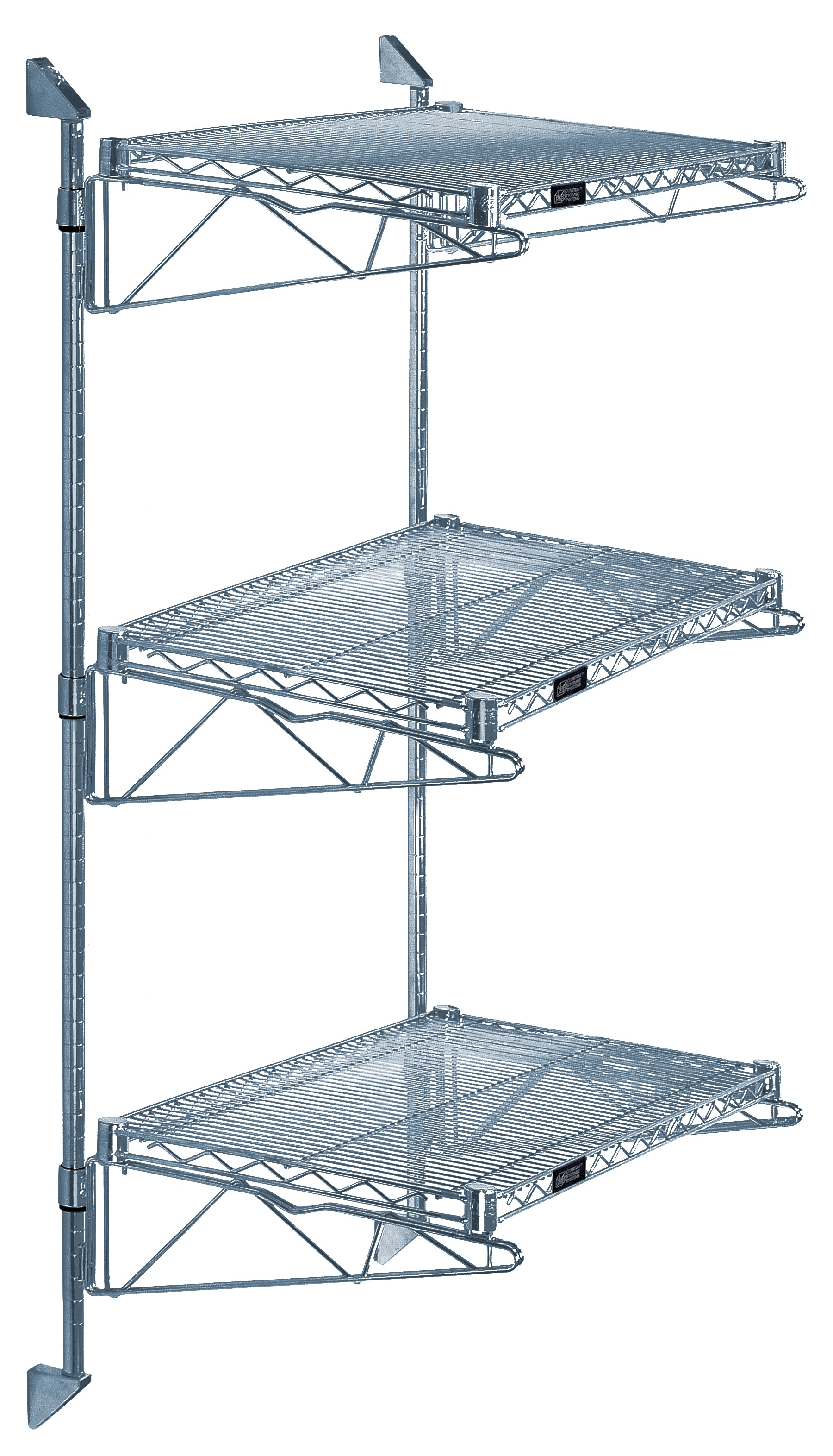 Cantilever Double Shelf Post Wall Mount, (3) 30"W x 21"D shelves, (2) 54" posts, (6) 21" cantilever arms, and (4) mounting brackets, gray epoxy antimicrobial finish, NSF