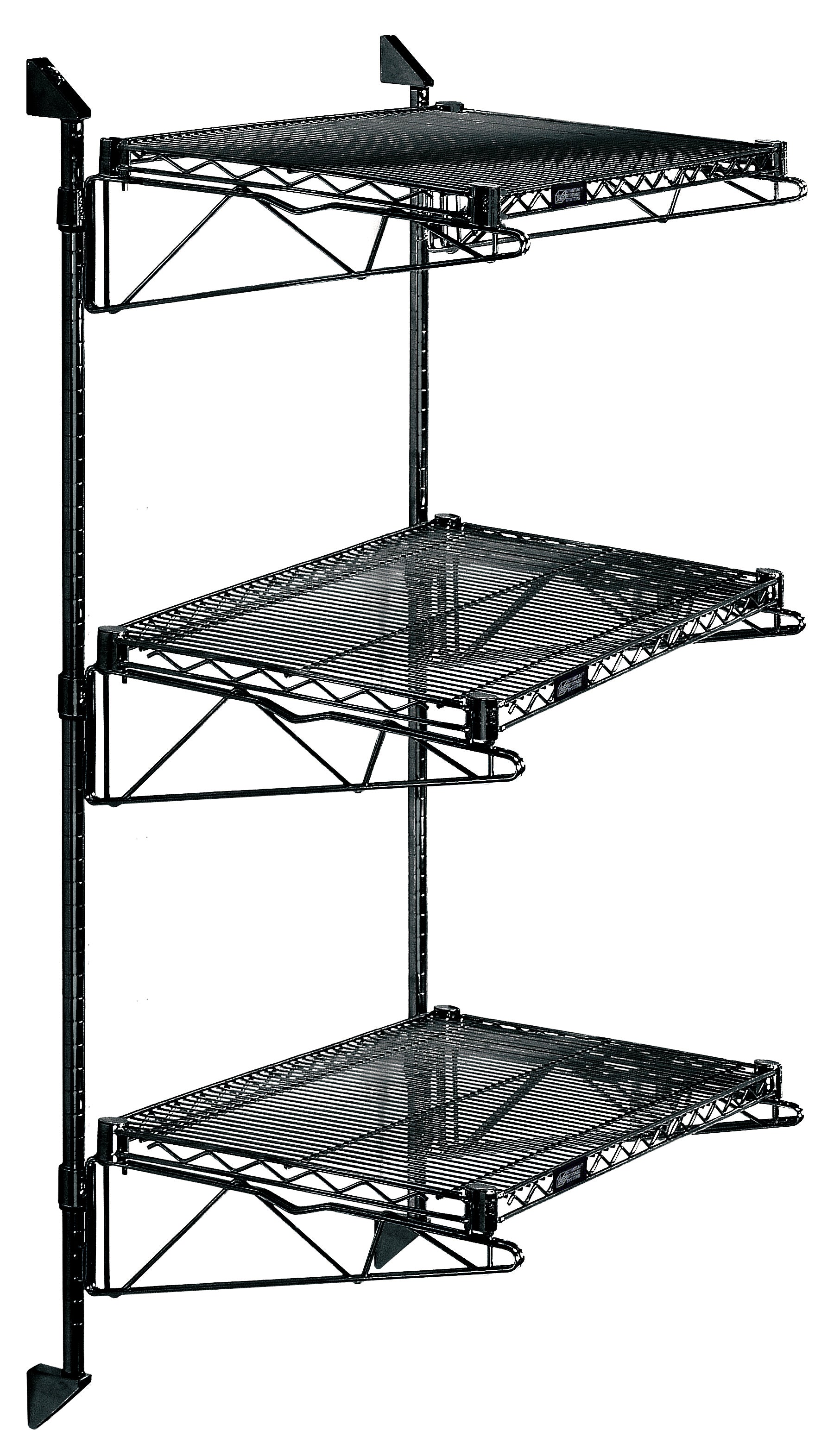 Cantilever Double Shelf Post Wall Mount, (3) 60"W x 21"D shelves, (2) 54" posts, (6) 21" cantilever arms, and (4) mounting brackets, black epoxy antimicrobial finish, NSF