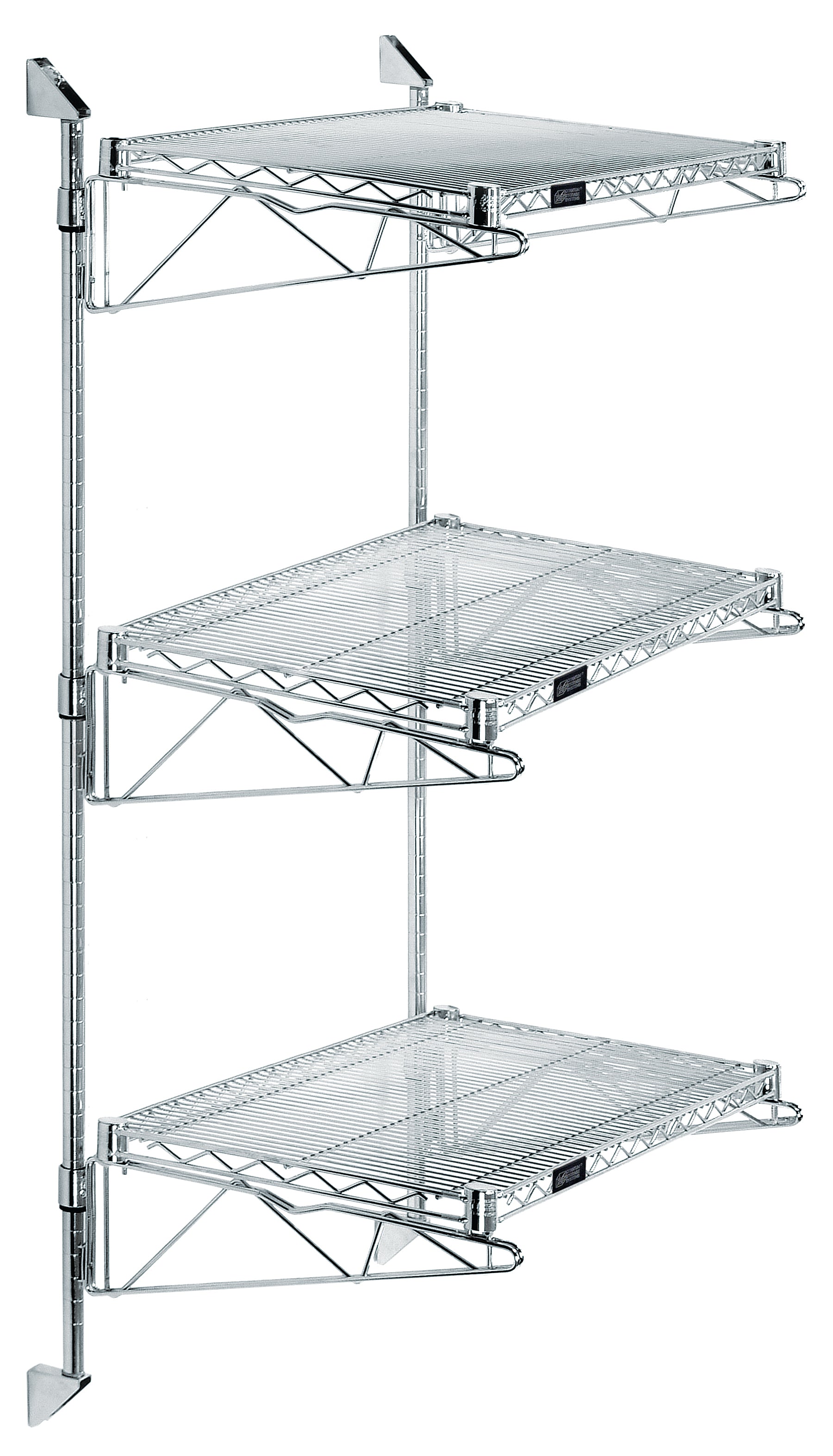 Cantilever Double Shelf Post Wall Mount, (4) 72"W x 18"D shelves, (2) 63" posts, (8) 18" cantilever arms, and (6) mounting brackets, chrome plated finish, NSF