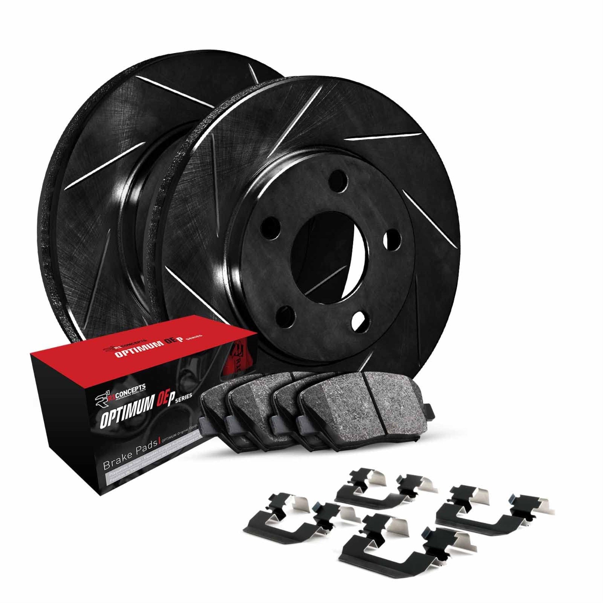 R1 Concepts Slotted Black Disc Brake Rotor Set With Optimum Oe Pads And Hardware Wcuh1-54210