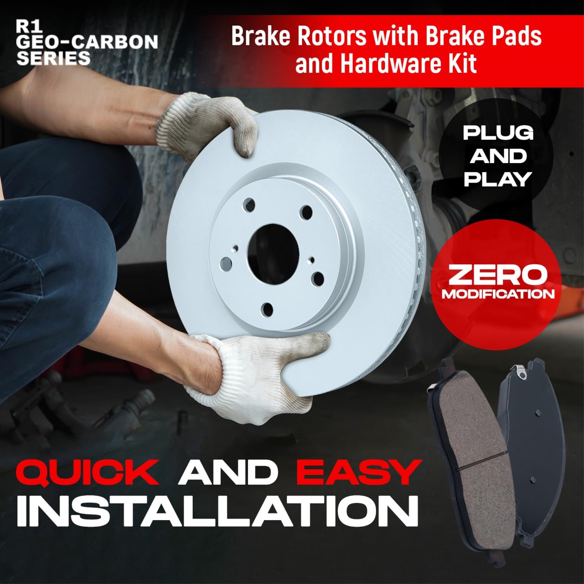 R1 Concepts Carbon Coated Disc Brake Rotor Set with Ceramic Pads and Hardware WDWH1-80037