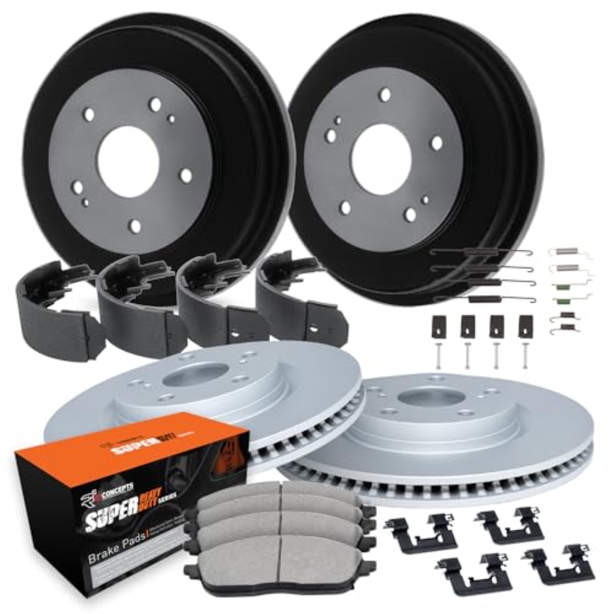 R1 Concepts Carbon Coated Disc Brake Rotor and Drum Set with Super Duty Pads, Shoes, Adjuster, and Hardware WDXA2-47002