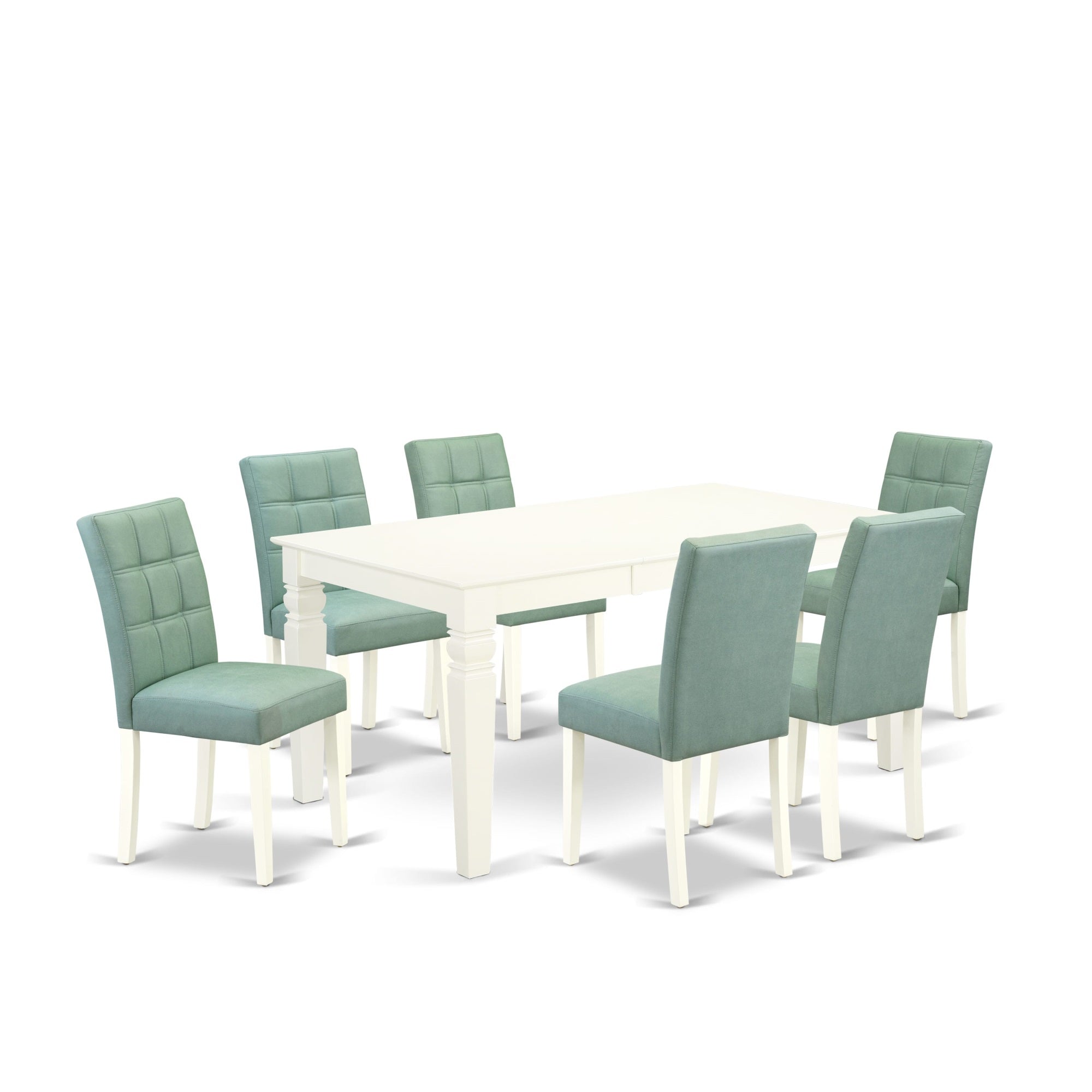East West Furniture Weas7-Whi-43 7 Piece Modern Dining Set Includes A Mid Century Modern Table And 6 Willow Green Faux Leather Parson Chairs, Linen White