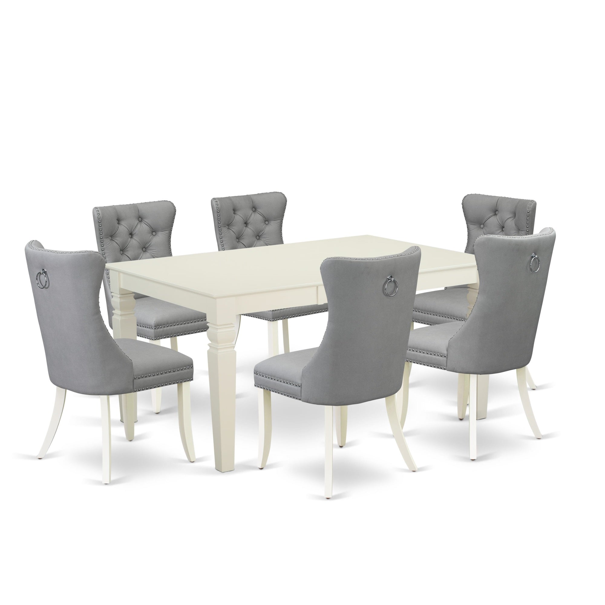 East West Furniture WEDA7-WHI-27 7 Piece Kitchen Table Set Includes a Rectangle Dining Table with Butterfly Leaf and 6 Upholstered Chairs, 42x60 Inch, linen white
