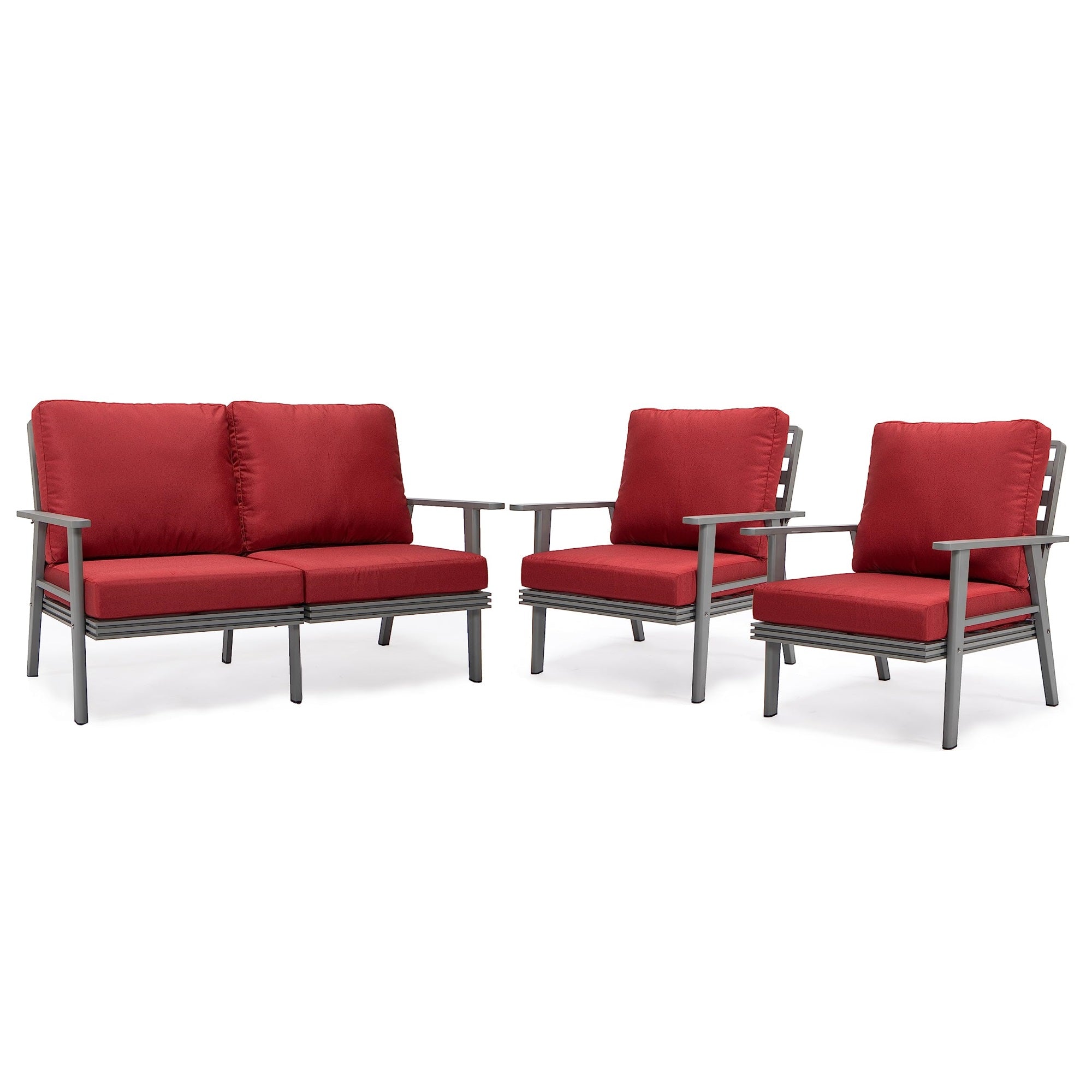 Leisuremod Walbrooke Modern 3-Piece Outdoor Patio Set With Grey Aluminum Frame And Removable Cushions Loveseat And Armchairs For