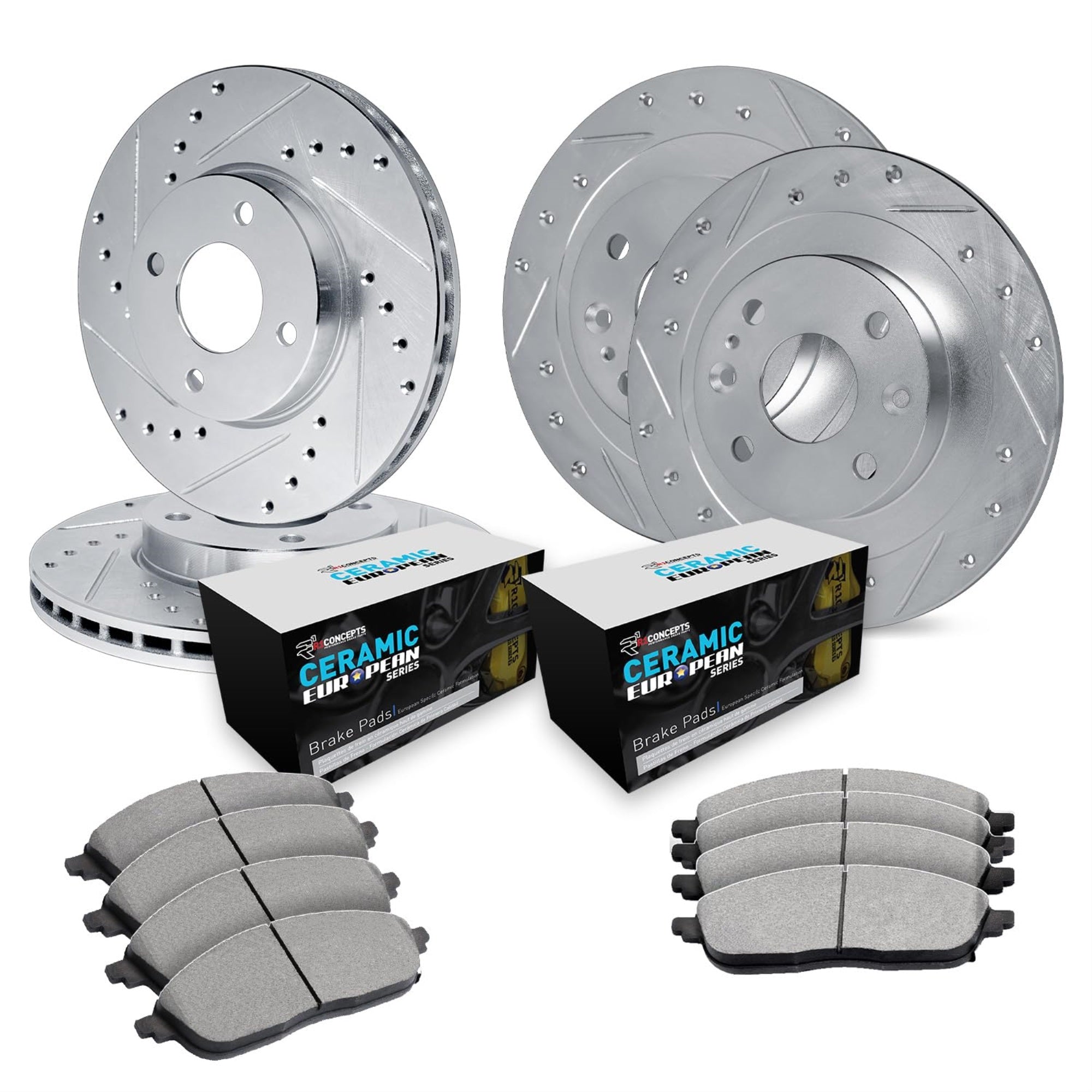 R1 Concepts Drilled and Slotted Silver Disc Brake Rotor Set with Euro Ceramic Pads