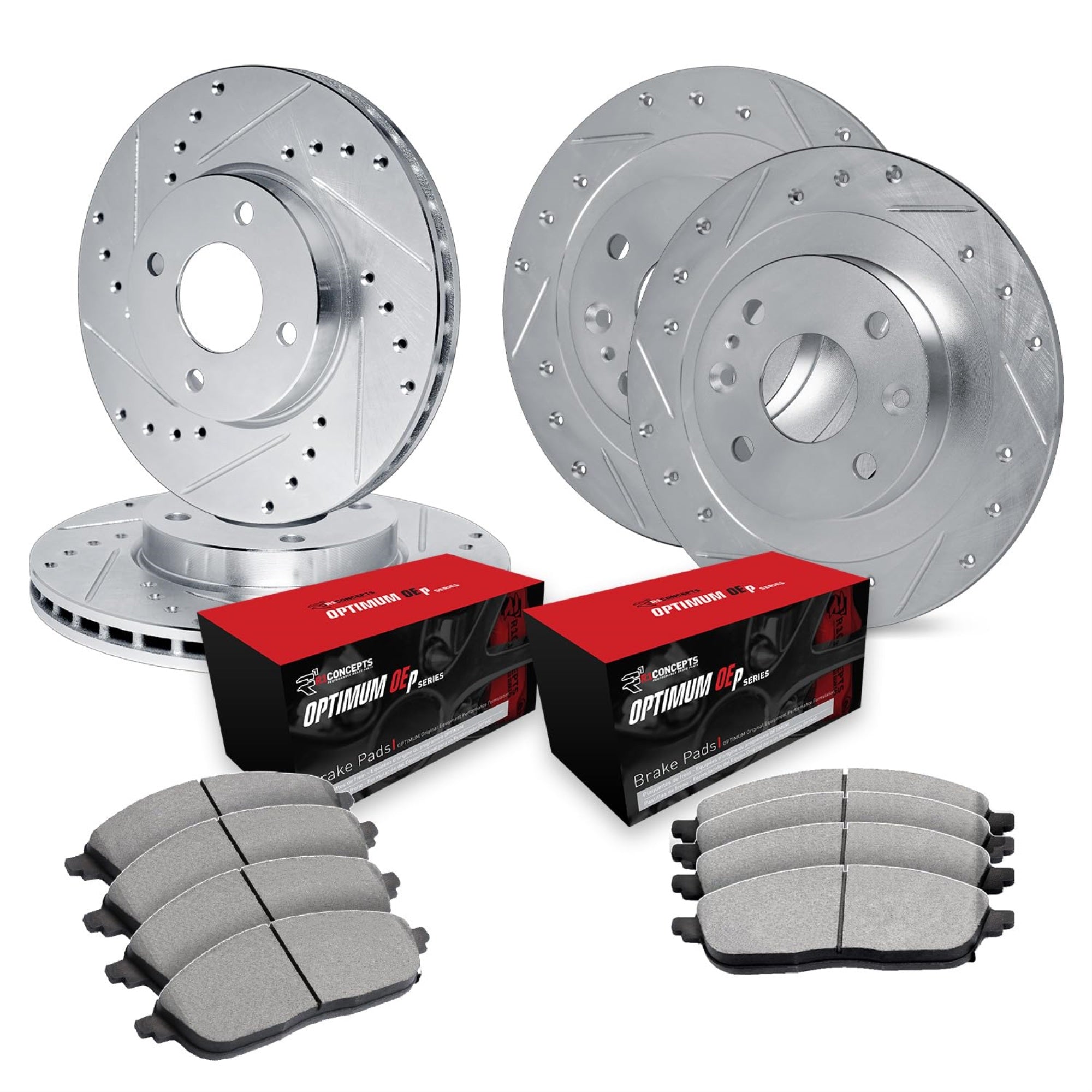 R1 Concepts Drilled and Slotted Silver Disc Brake Rotor Set with Optimum OEp Pads