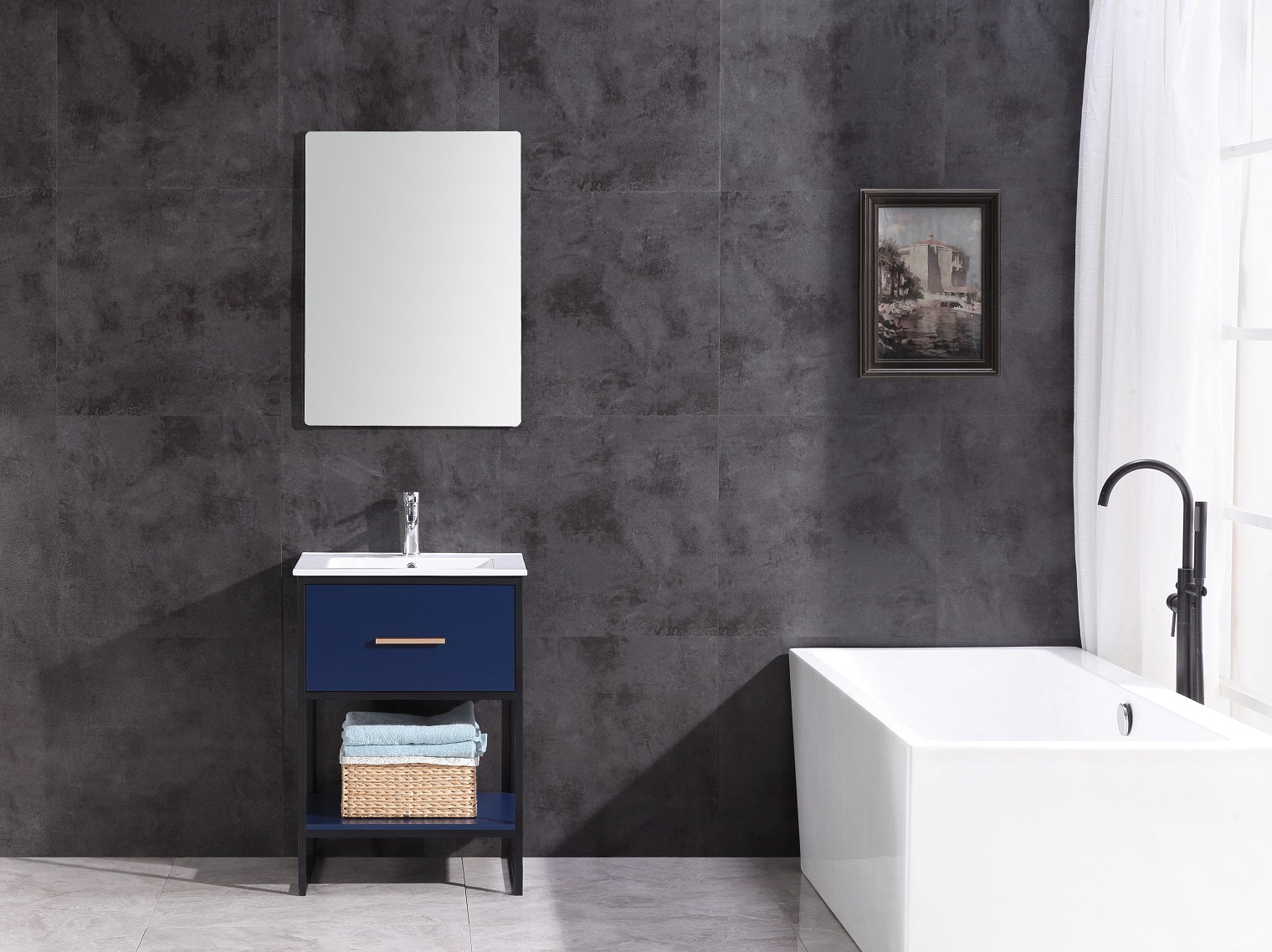 24 Blue Finish Sink Vanity With Black Metal Frame-Pvc