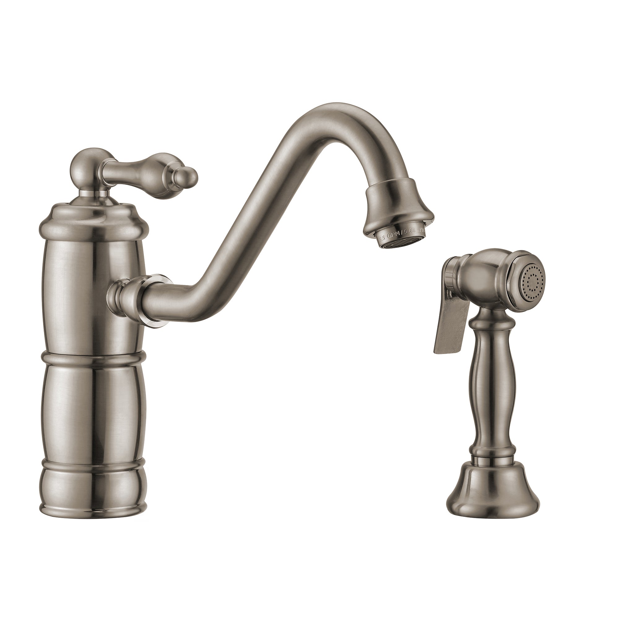 Vintage III Plus single lever faucet with traditional swivel spout and solid brass side spray - Brushed Nickel
