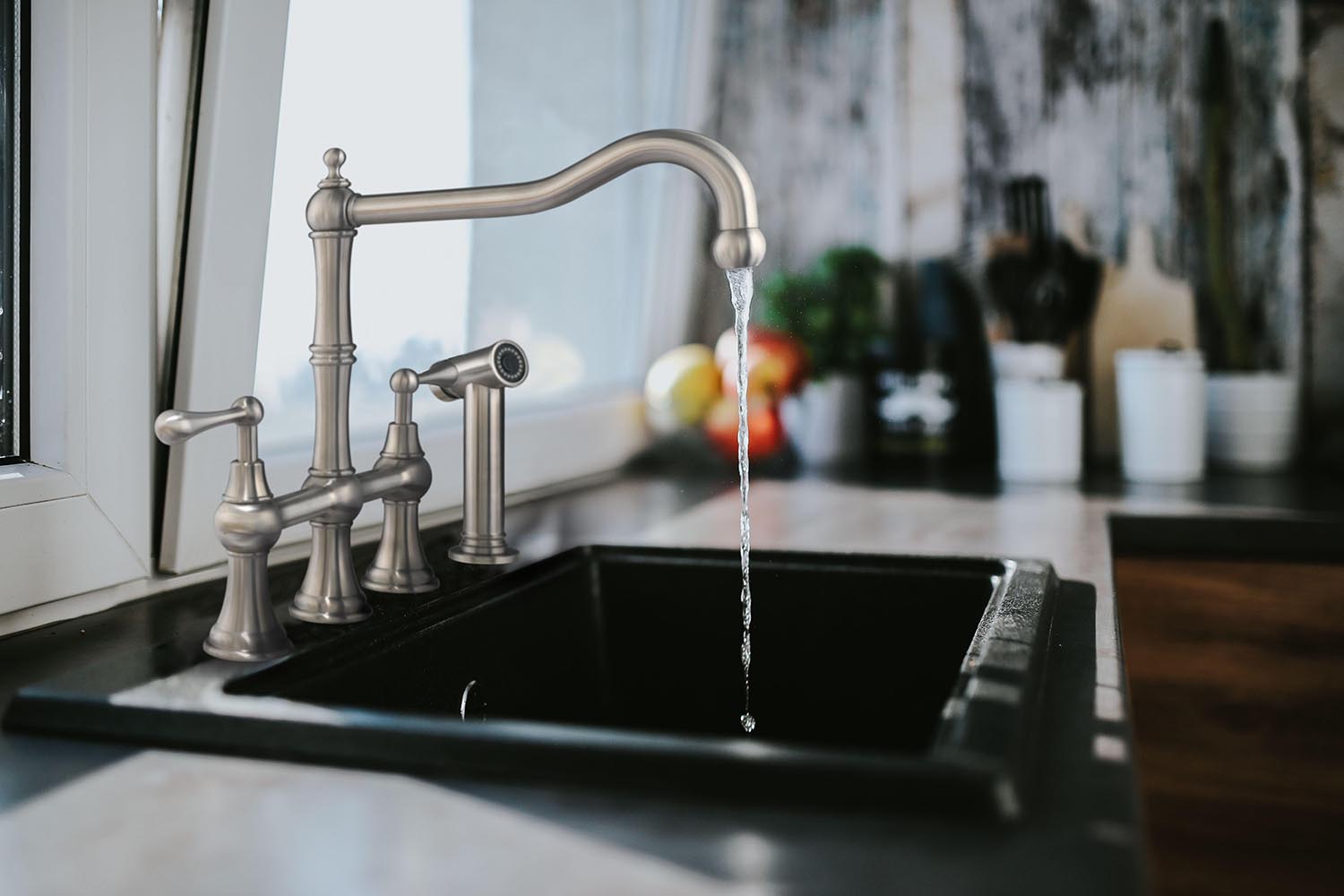 Waterhaus Lead-Free Solid Stainless Steel Bridge Faucet with a Traditional Spout, Lever Handles and Side Spray - Brushed Stainless Steel