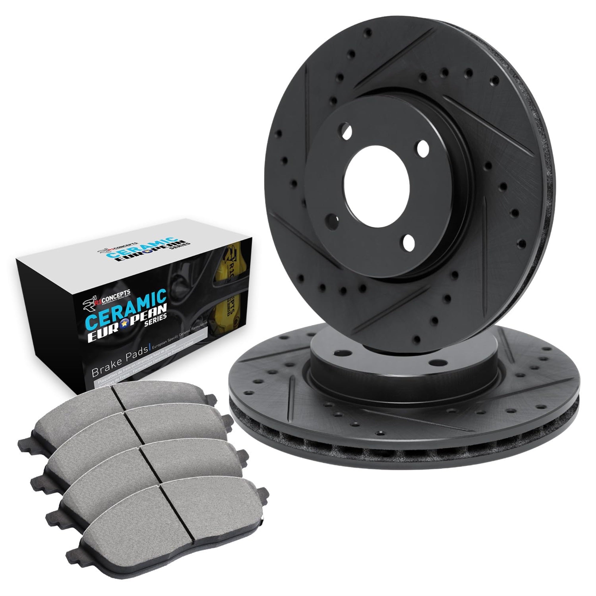R1 Concepts Drilled and Slotted Black Disc Brake Rotor Set with Euro Ceramic Pads