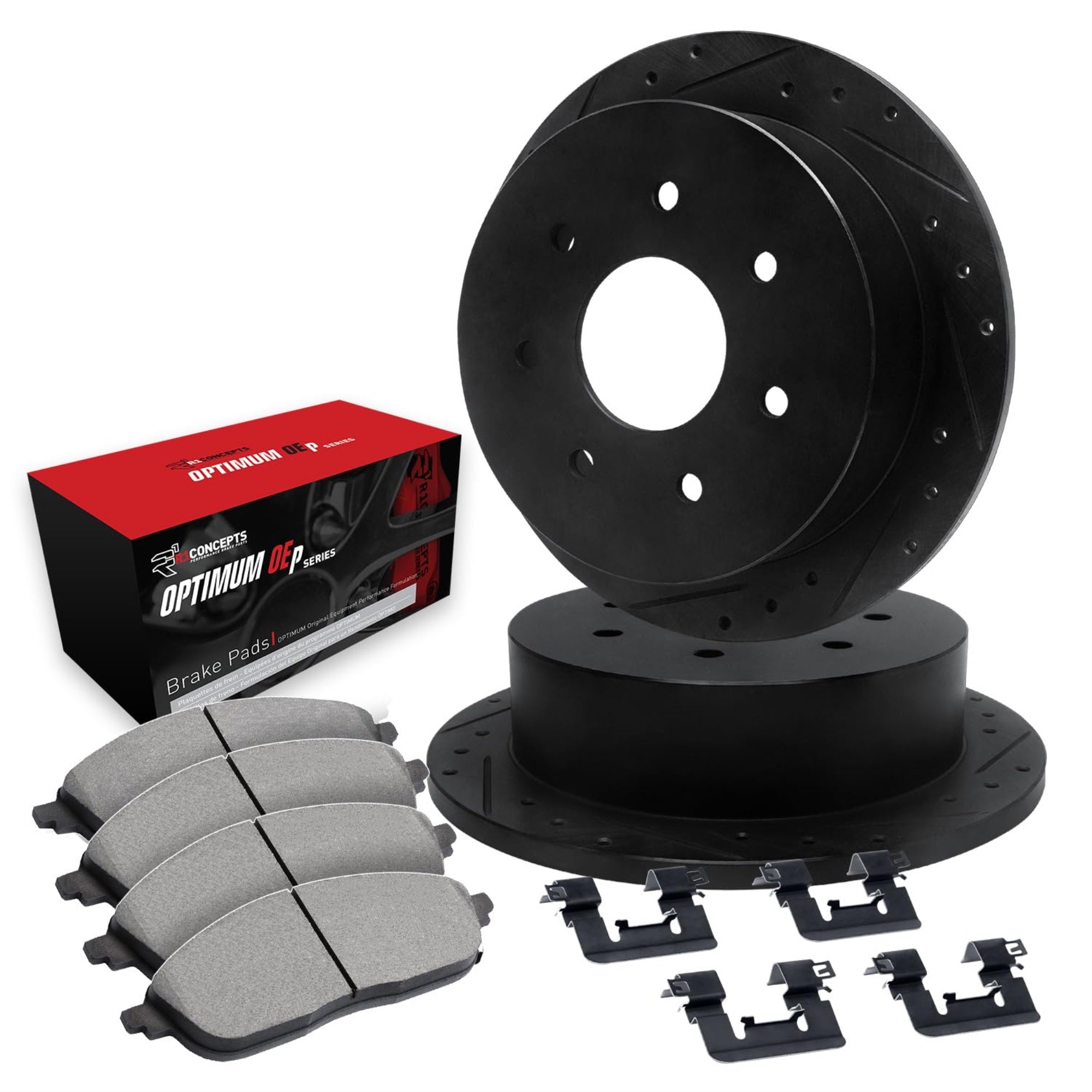R1 Concepts Drilled And Slotted Black Disc Brake Rotor Set With Optimum Oe Pads And Hardware Whuh1-54121