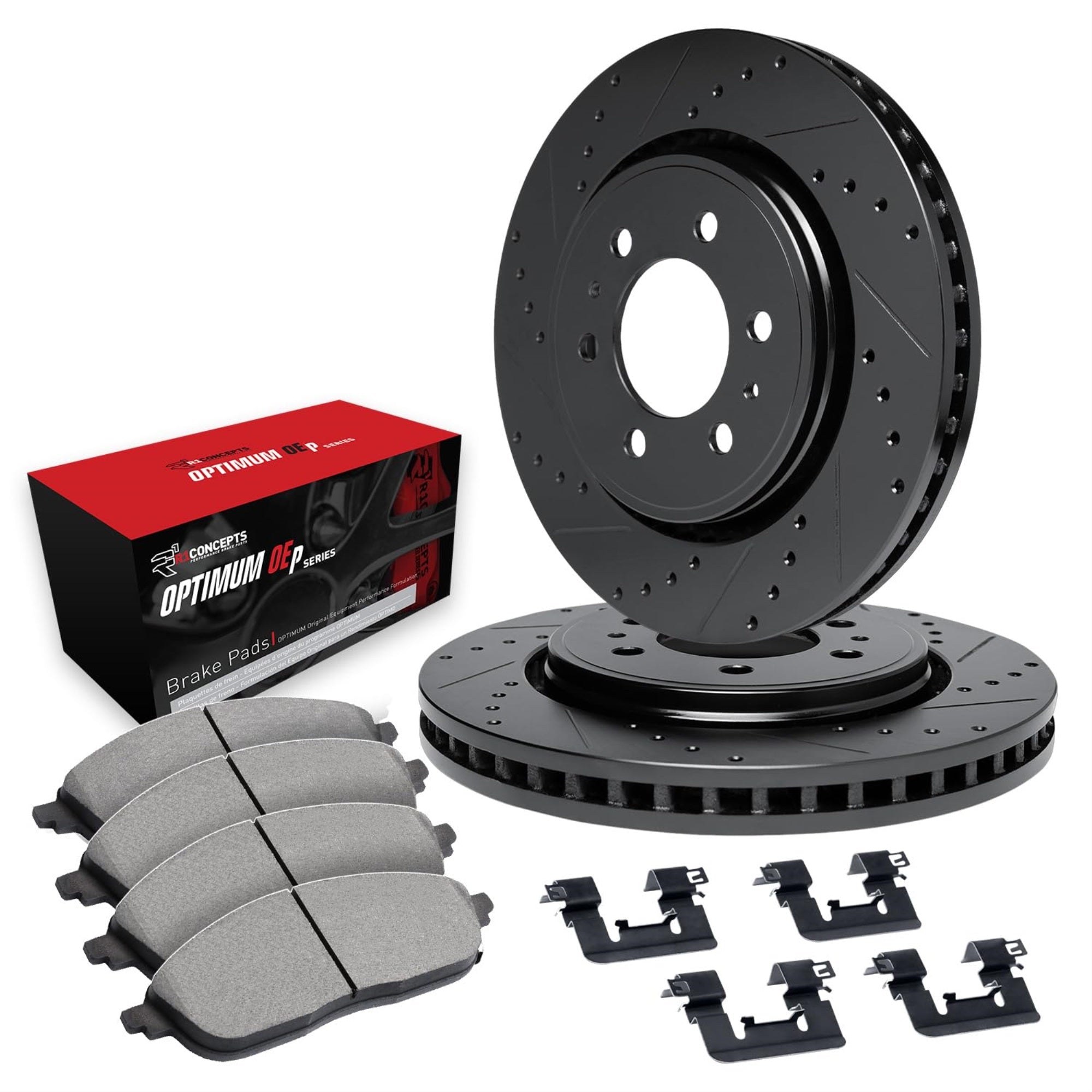 R1 Concepts Drilled And Slotted Black Disc Brake Rotor Set With Optimum Oe Pads And Hardware Whuh1-54150