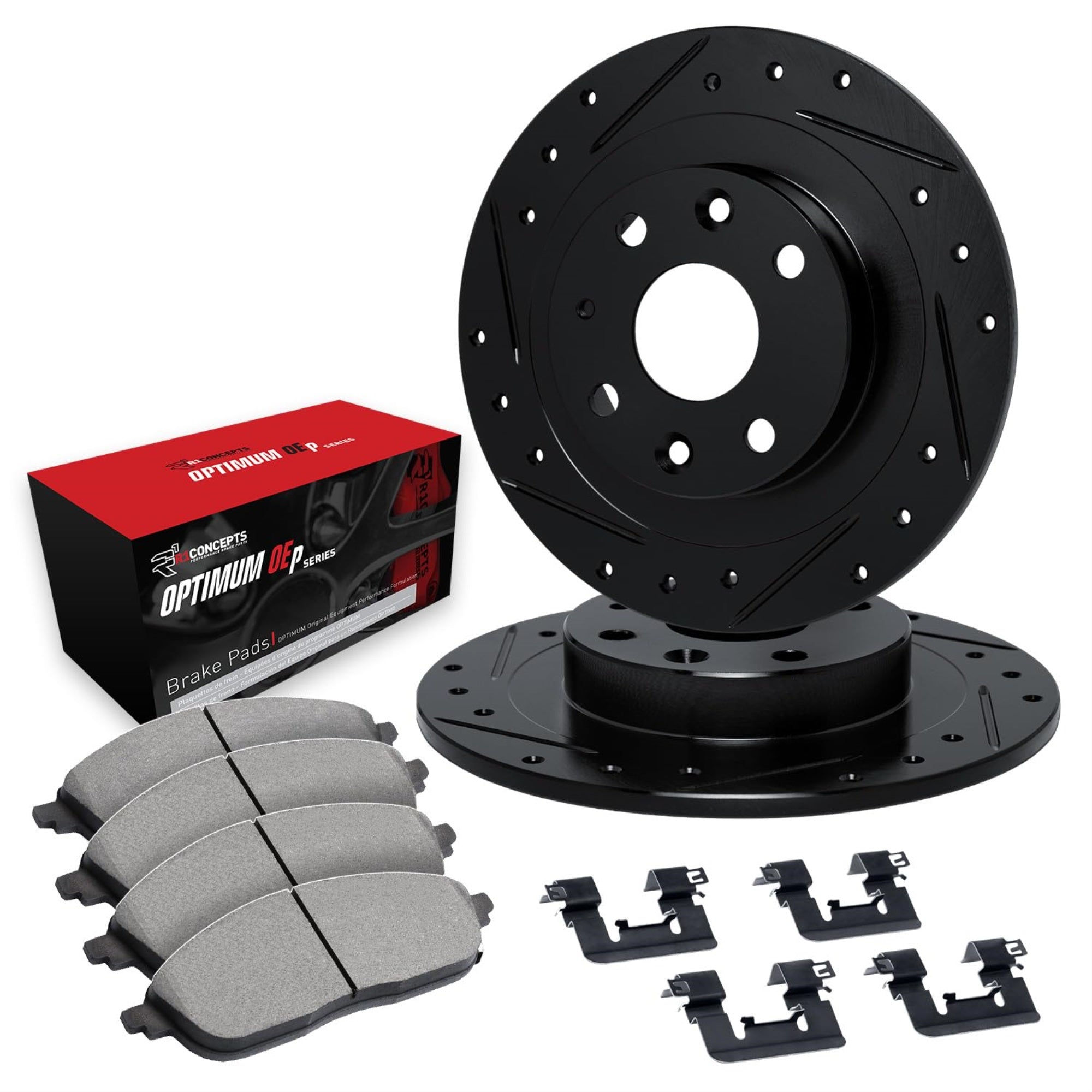 R1 Concepts Drilled And Slotted Black Disc Brake Rotor Set With Optimum Oe Pads And Hardware Whuh1-54187