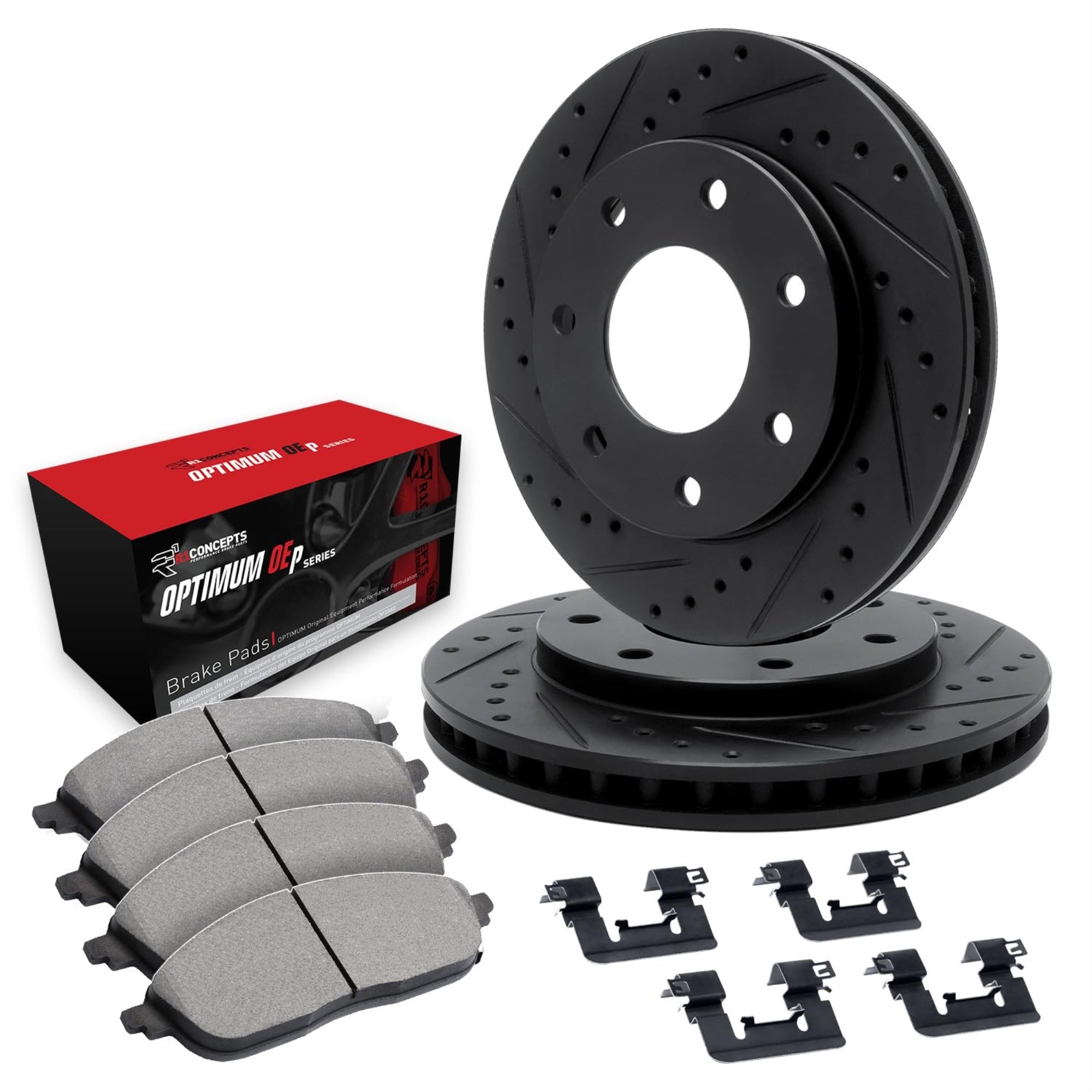 R1 Concepts Drilled And Slotted Black Disc Brake Rotor Set With Optimum Oe Pads And Hardware Whuh1-54207