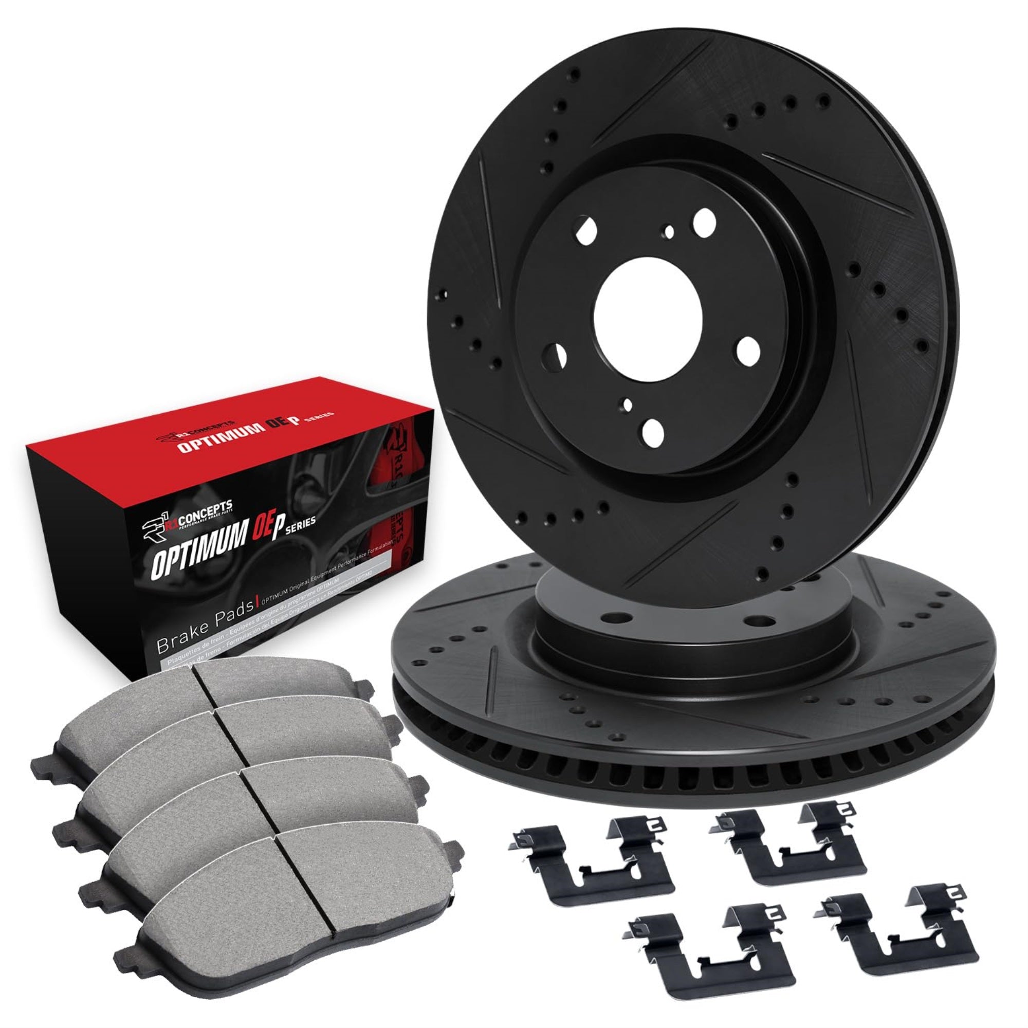 R1 Concepts Drilled And Slotted Black Disc Brake Rotor Set With Optimum Oe Pads And Hardware Whuh1-63080