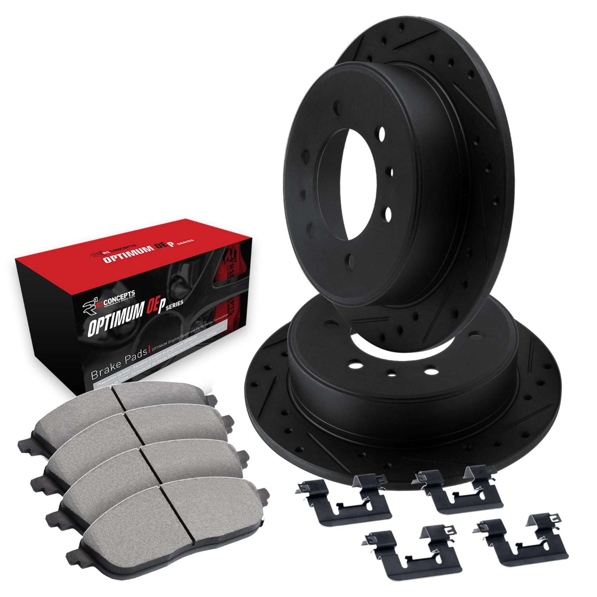 R1 Concepts Drilled And Slotted Black Disc Brake Rotor Set With Optimum Oe Pads And Hardware Whuh1-67106