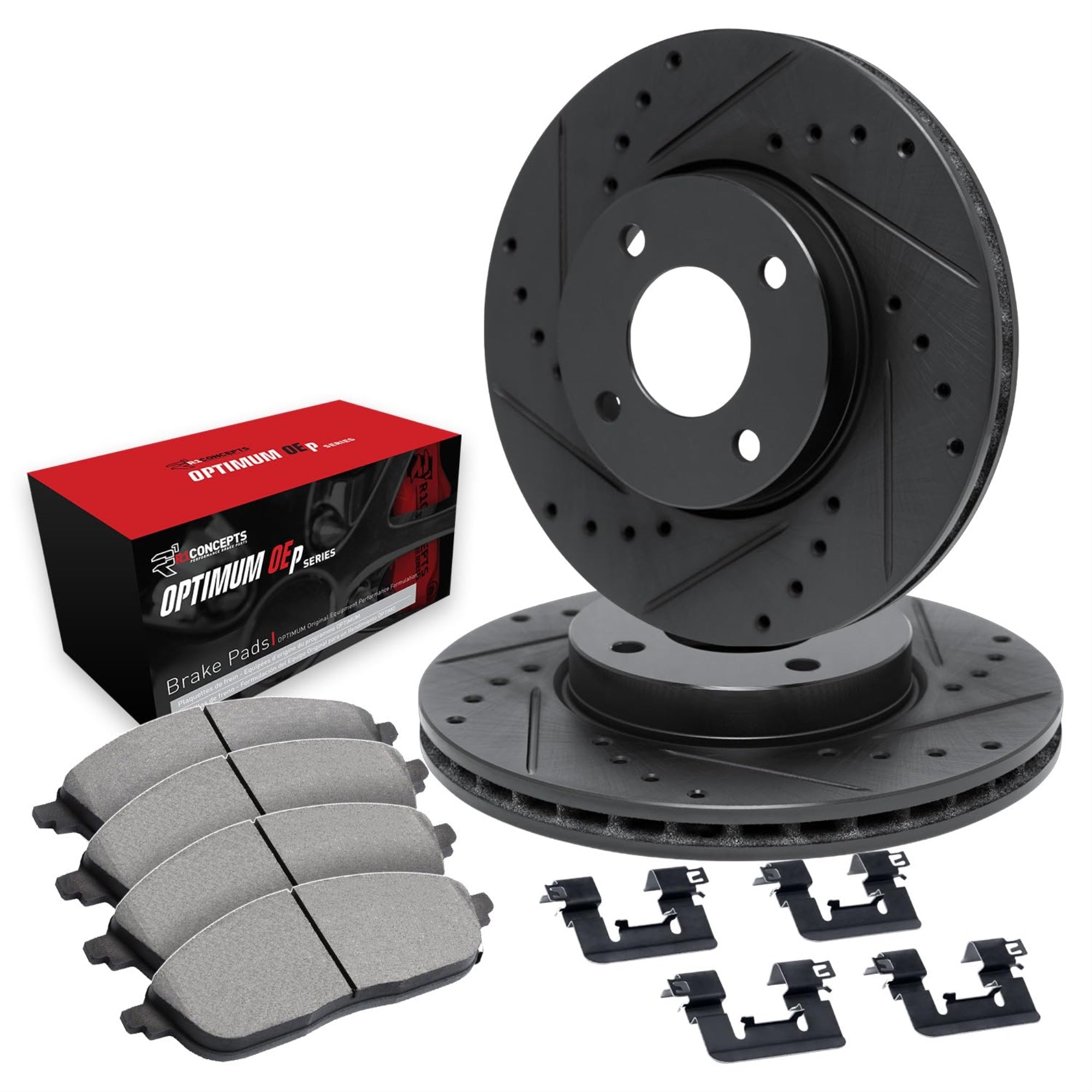 R1 Concepts Drilled And Slotted Black Disc Brake Rotor Set With Optimum Oe Pads And Hardware Whuh1-72086