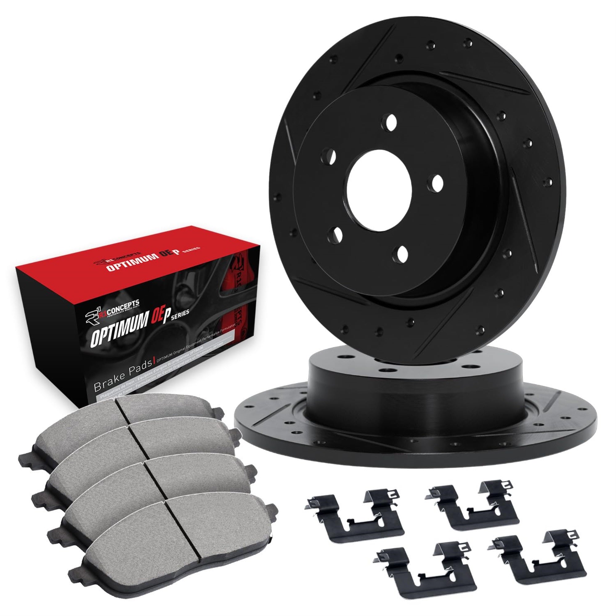 R1 Concepts Drilled And Slotted Black Disc Brake Rotor Set With Optimum Oe Pads And Hardware Whuh1-76085