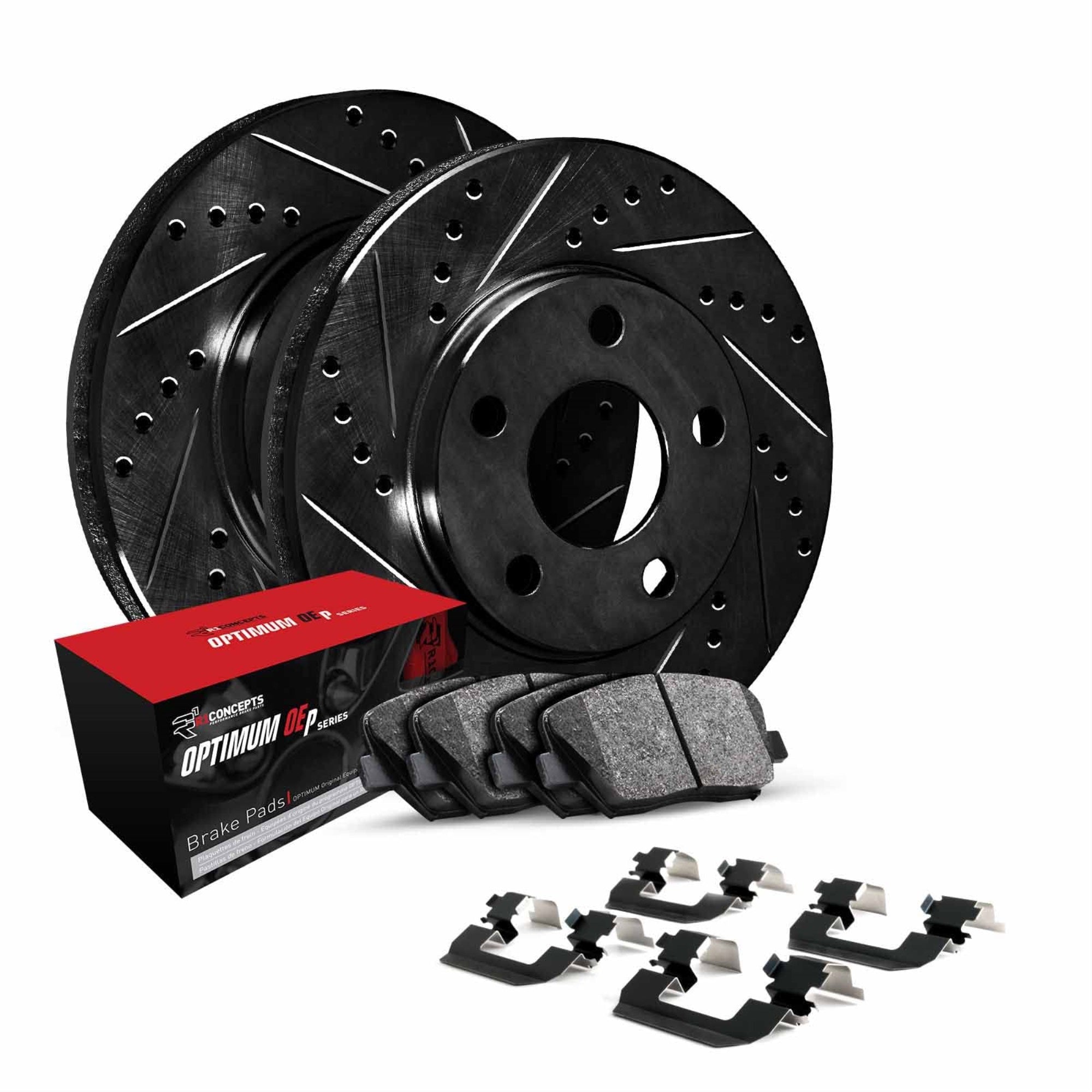R1 Concepts Drilled And Slotted Black Disc Brake Rotor Set With Optimum Oe Pads And Hardware Whuh1-92001