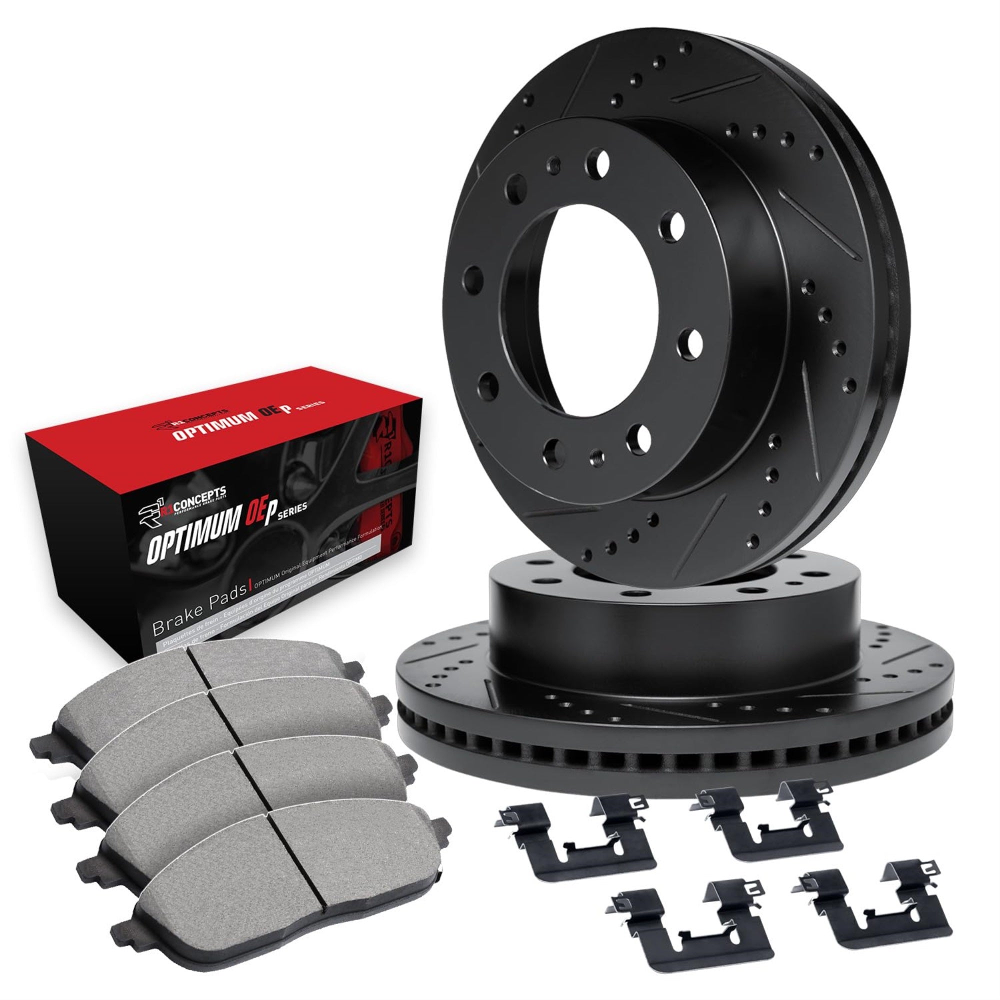 R1 Concepts Drilled And Slotted Black Disc Brake Rotor Set With Optimum Oe Pads And Hardware Whuh1-99570