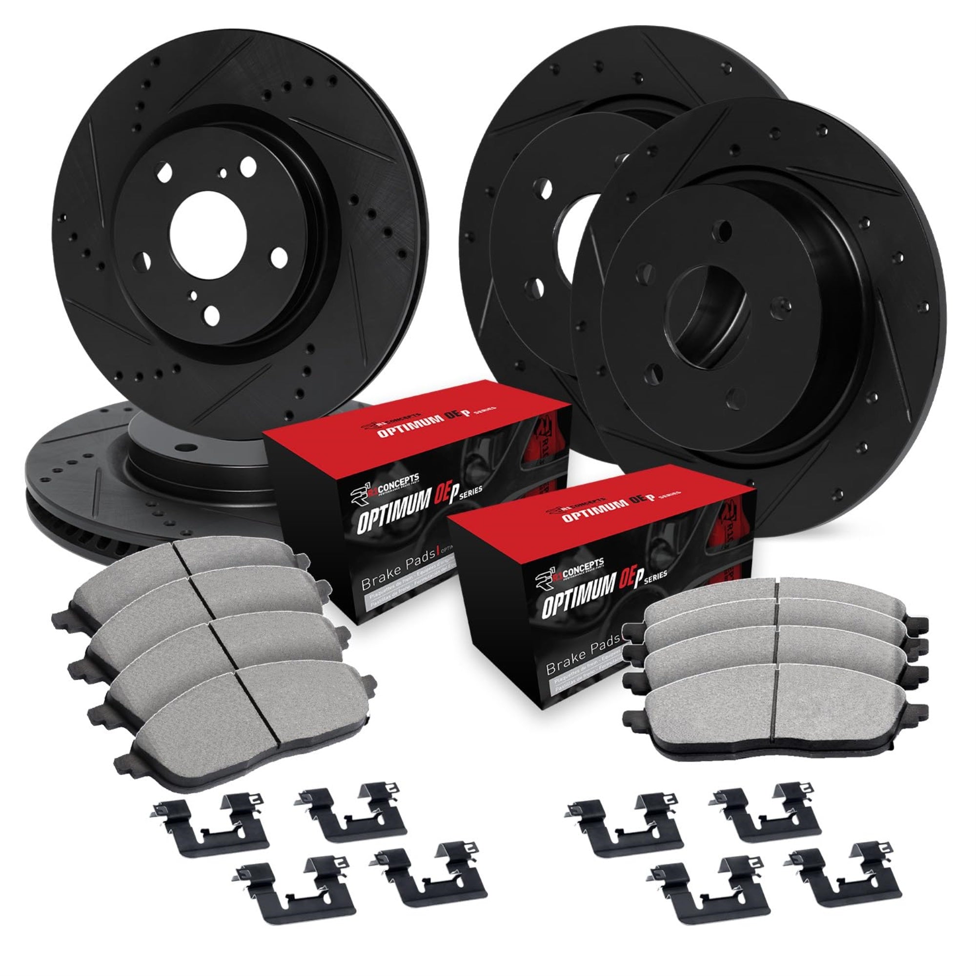 R1 Concepts Drilled and Slotted Black Disc Brake Rotor Set with Optimum Oe Pads and Hardware WHUH2-03143