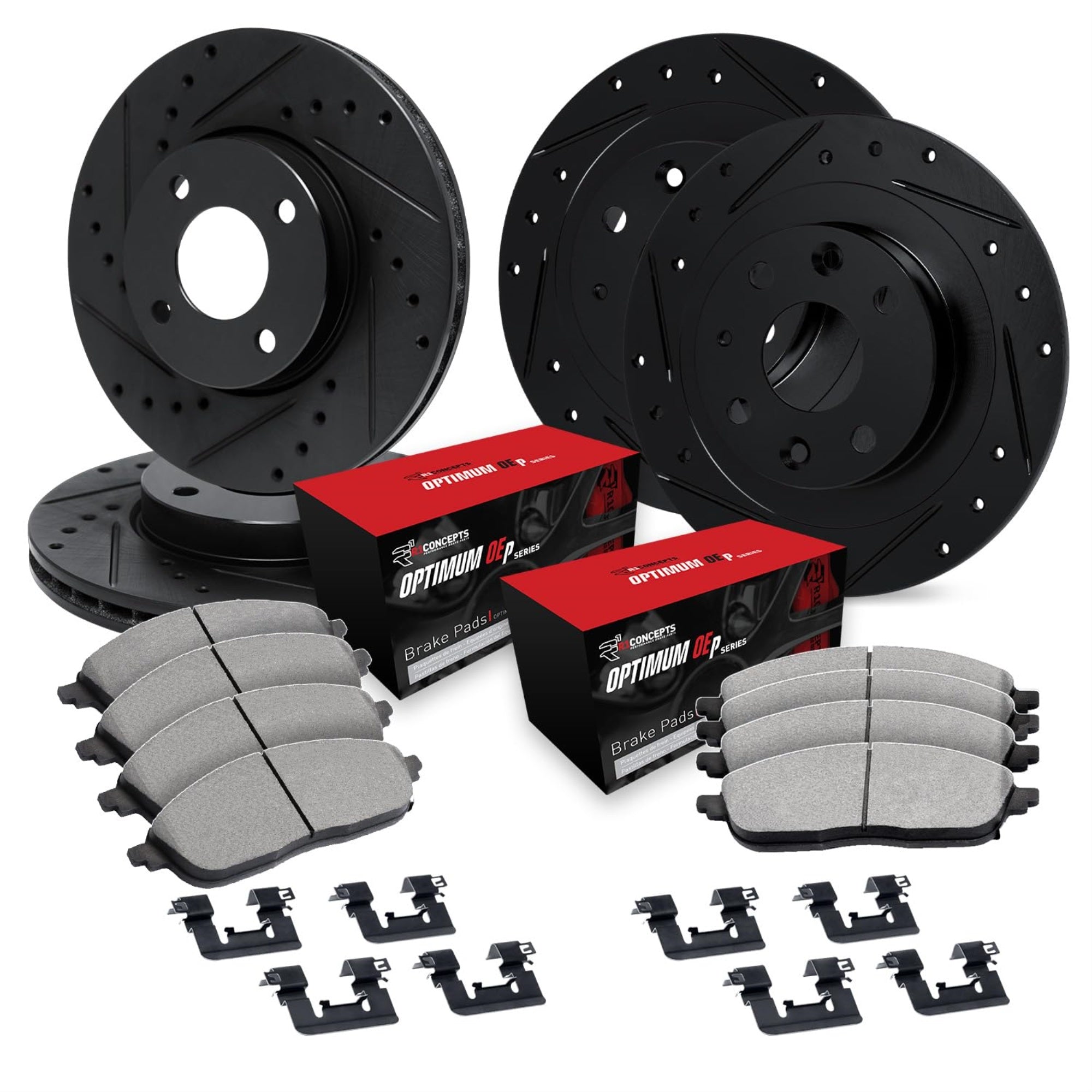 R1 Concepts Drilled And Slotted Black Disc Brake Rotor Set With Optimum Oe Pads And Hardware Whuh2-32002