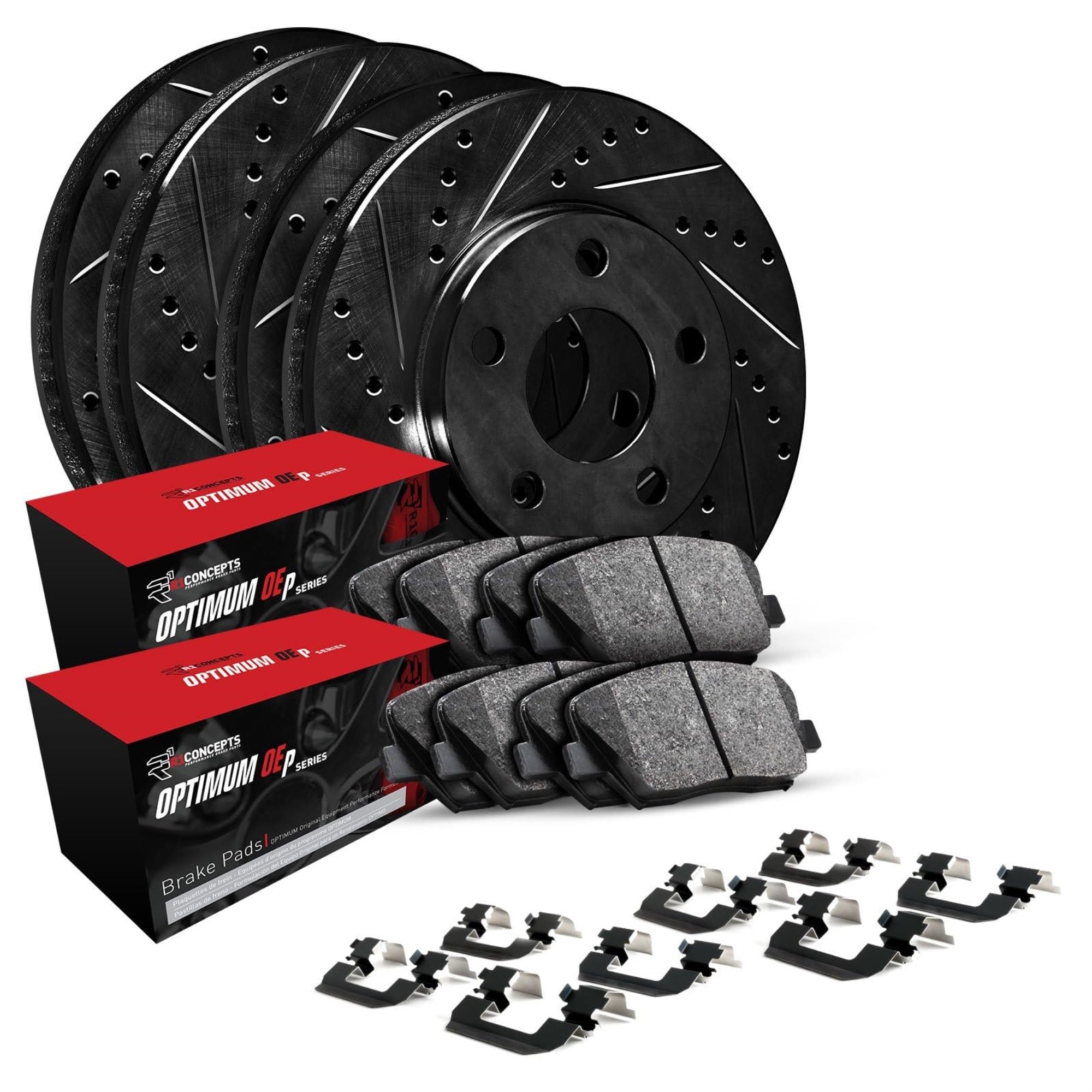 R1 Concepts Drilled and Slotted Black Disc Brake Rotor and Drum Set with Optimum Oe Pads, Shoes, and Hardware WHUH2-42051