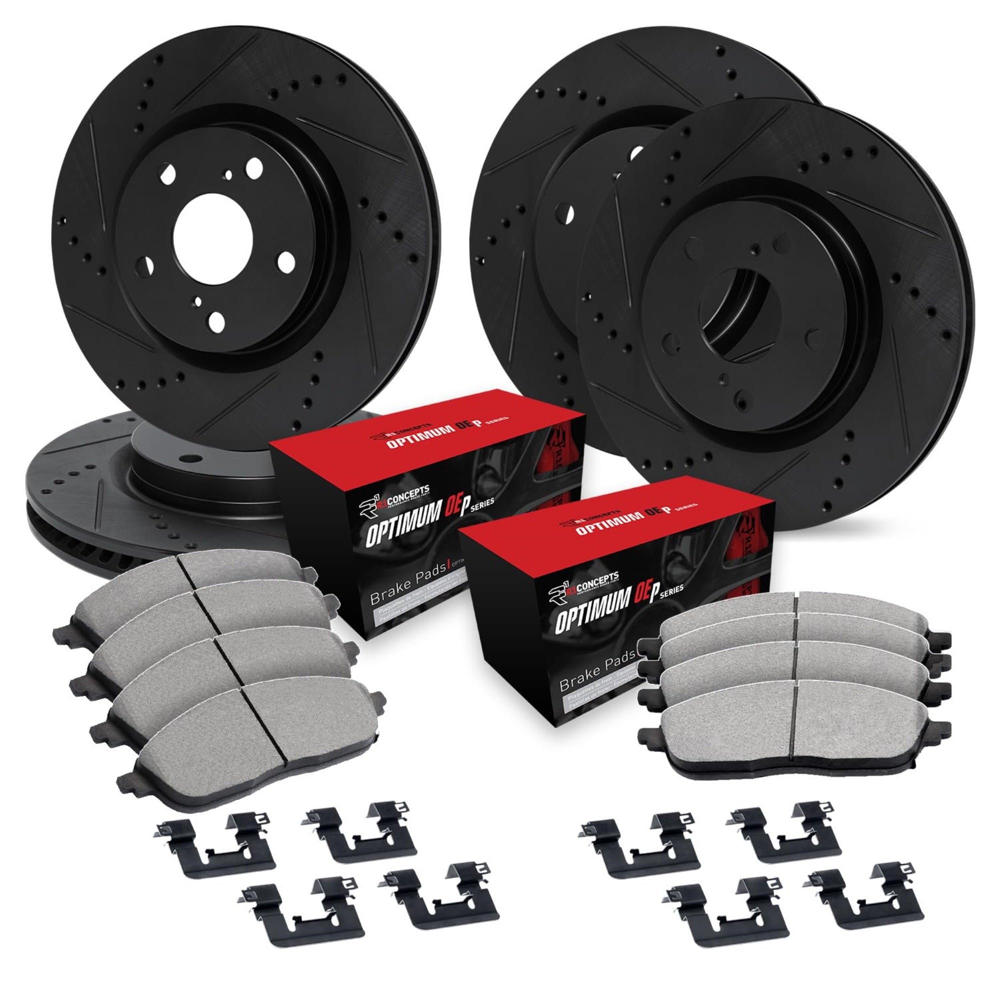 R1 Concepts Drilled and Slotted Black Disc Brake Rotor Set with Optimum Oe Pads and Hardware WHUH2-47296