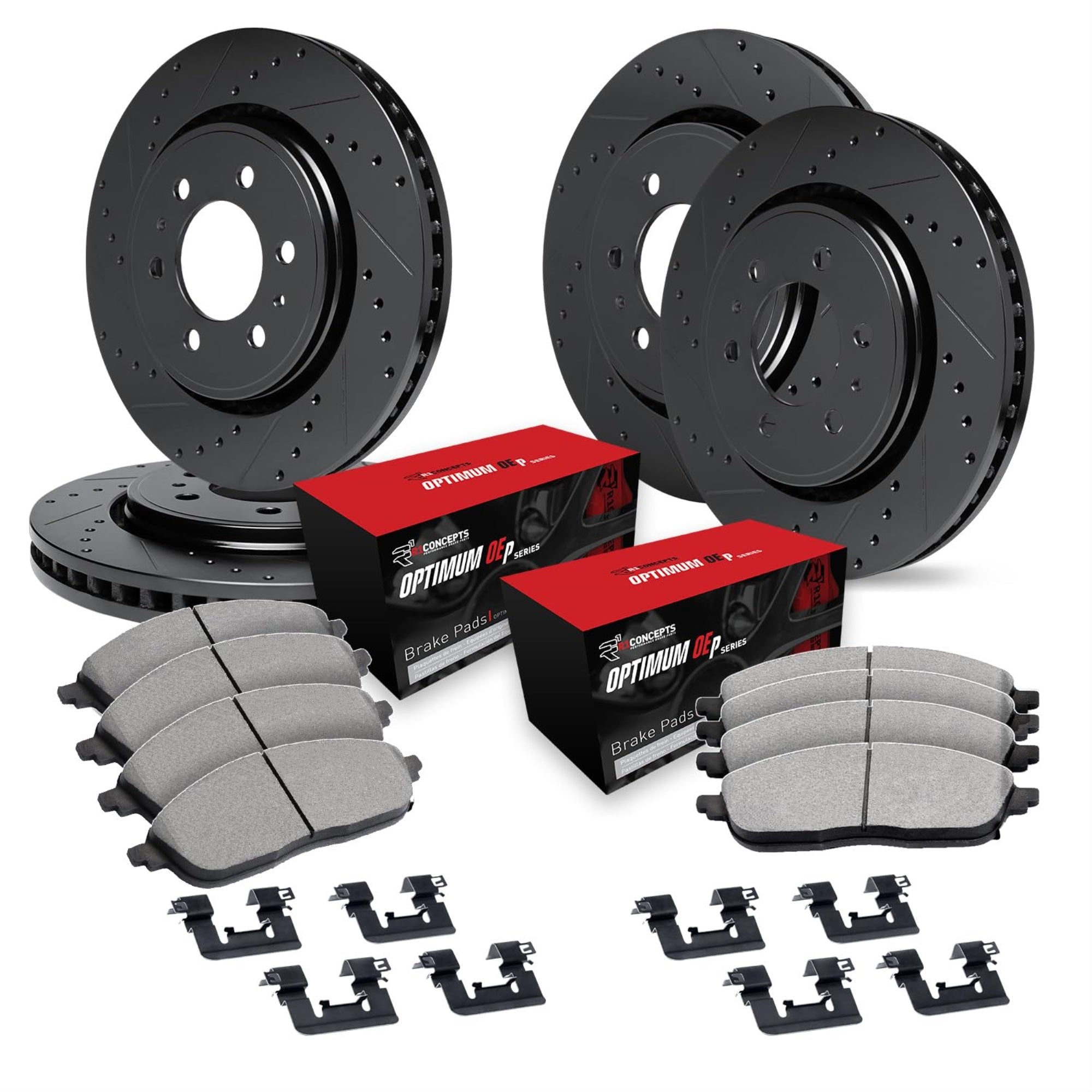 R1 Concepts Drilled And Slotted Black Disc Brake Rotor Set With Optimum Oe Pads And Hardware Whuh2-54065